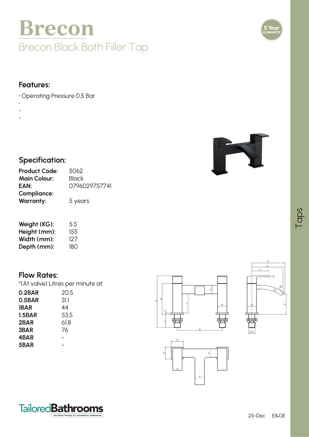 Tailored Brecon Modern Curved Bath Filler Tap - specification sheet with technical drawing and dimensions