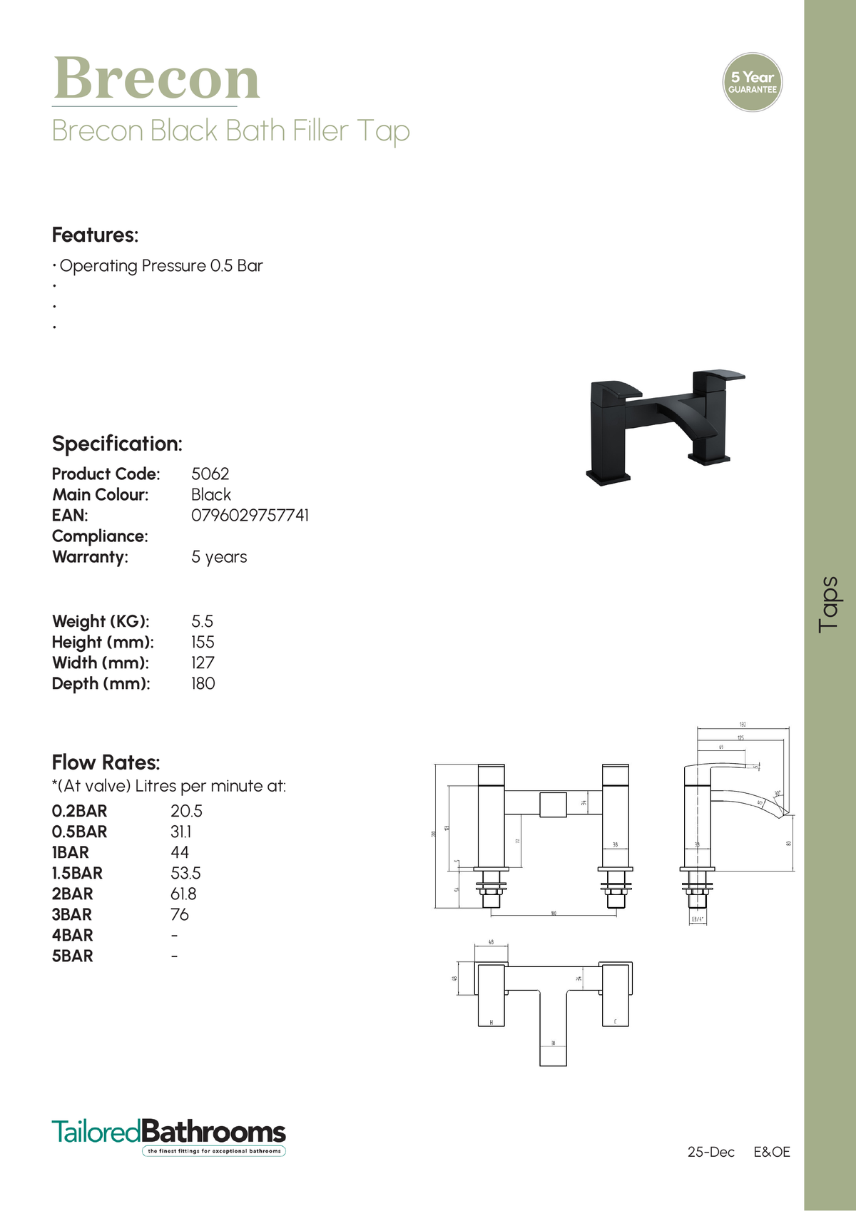 Tailored Brecon Modern Curved Bath Filler Tap - specification sheet with technical drawing and dimensions