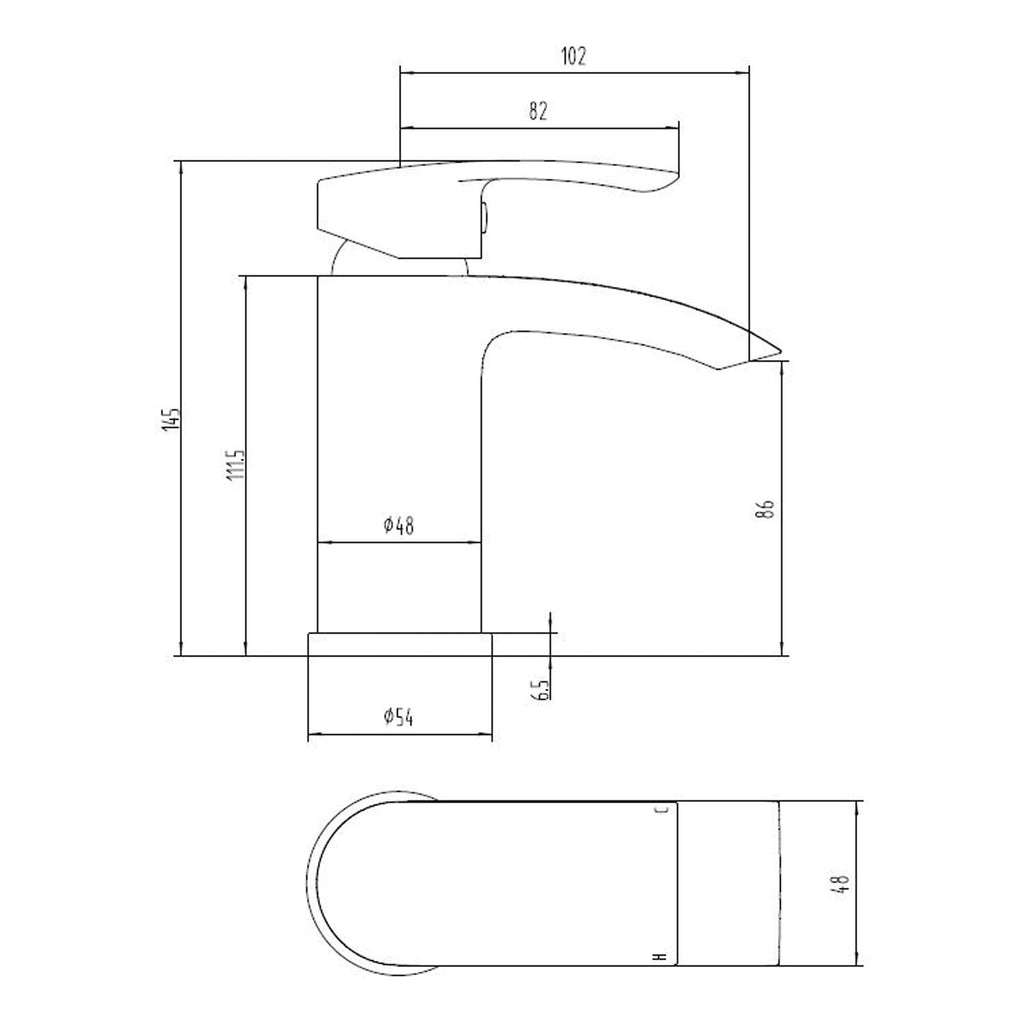Sleek modern bathroom faucet with detailed technical drawing, featuring precise measurements for installation and design. Ideal for contemporary bathroom renovations.