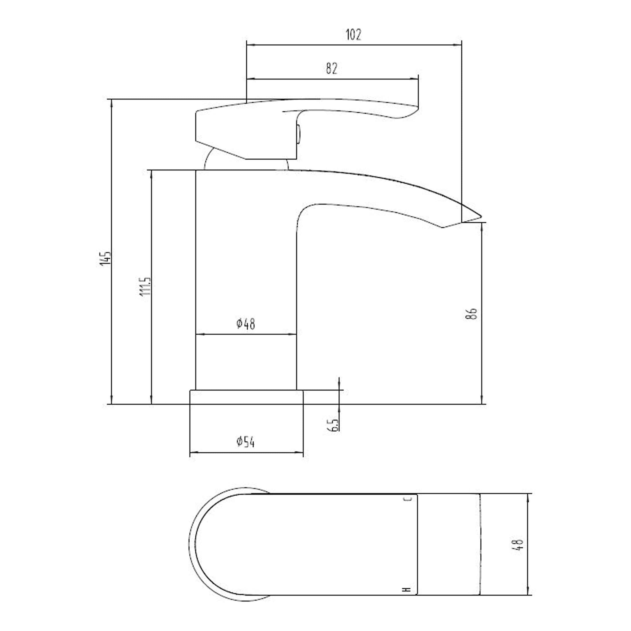 Sleek modern bathroom faucet with detailed technical drawing, featuring precise measurements for installation and design. Ideal for contemporary bathroom renovations.