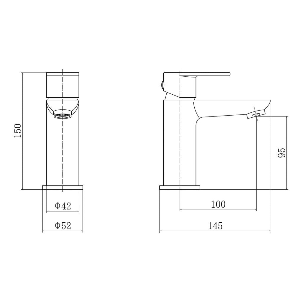 Modern bathroom faucet technical drawing with dimensions for installation and design details.
