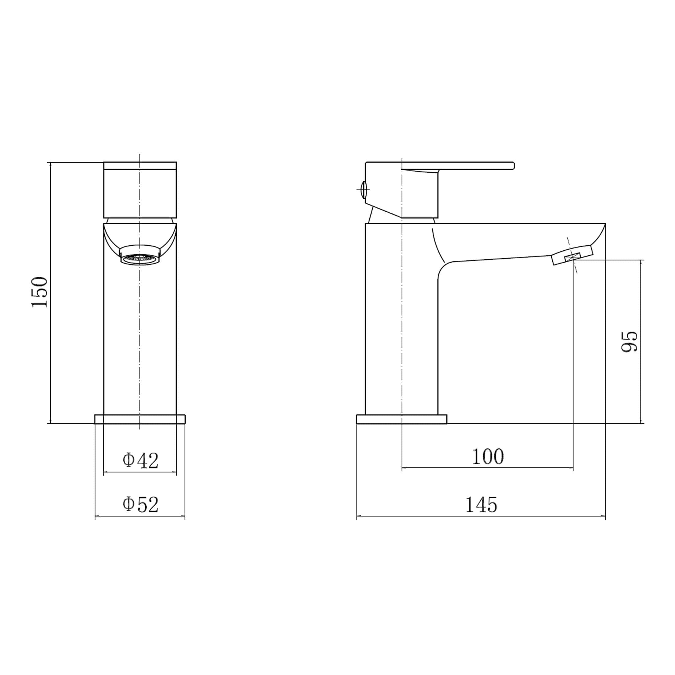 Modern bathroom faucet technical drawing with dimensions for installation and design details.
