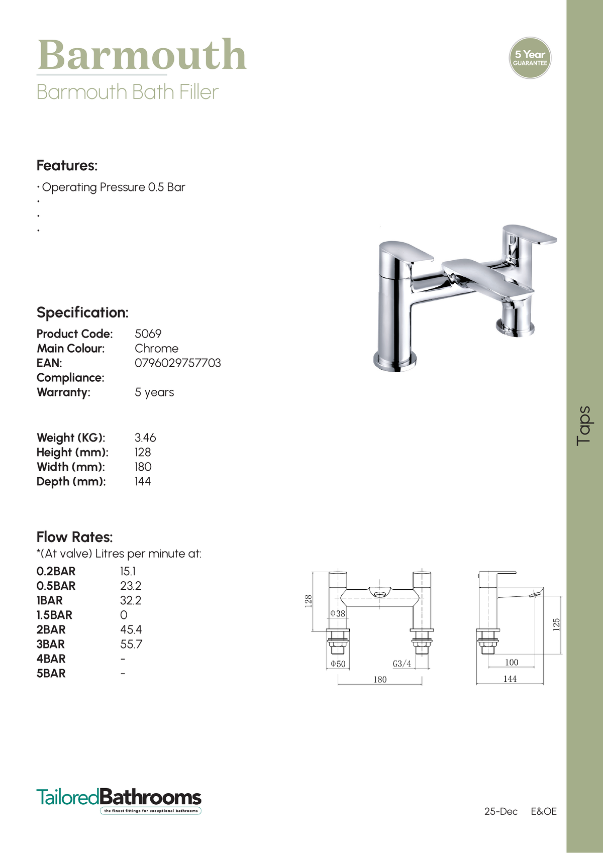 Tailored Barmouth Bath Filler Tap - Chrome - specification sheet with technical drawing and dimensions