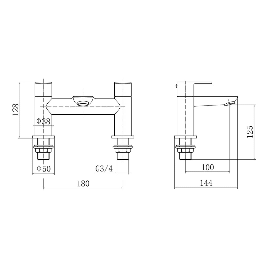 High-quality technical drawing of a bathroom tap with detailed measurements and specifications for installation and design precision, suitable for bathroom fixtures and plumbing projects.