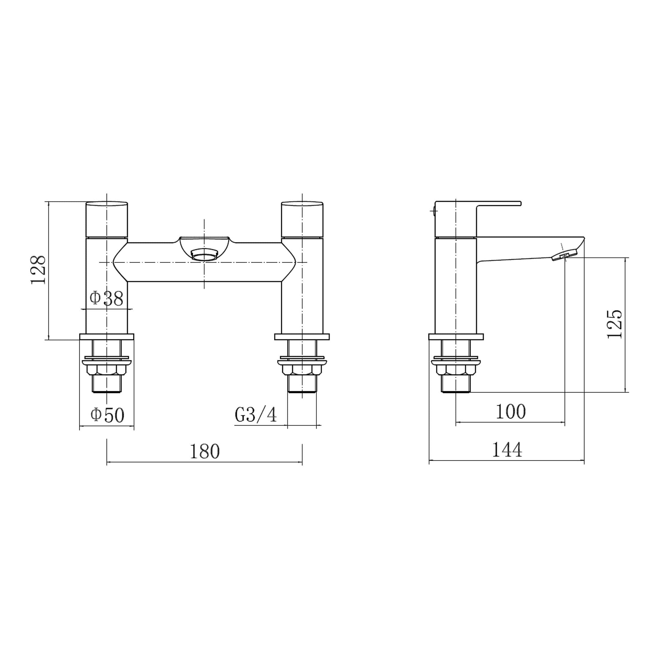 High-quality technical drawing of a bathroom tap with detailed measurements and specifications for installation and design precision, suitable for bathroom fixtures and plumbing projects.