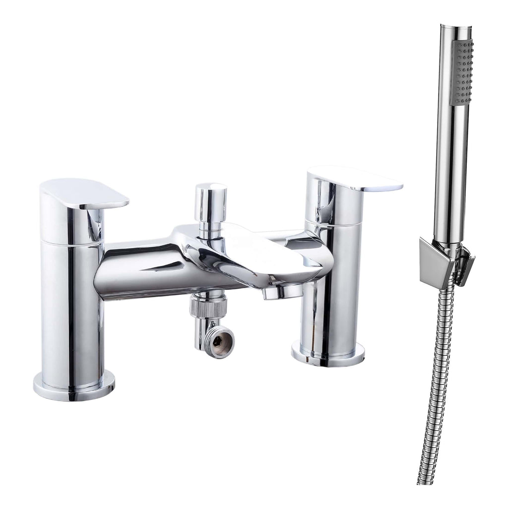 Chrome bathroom mixer tap with hand shower and hose, ideal for modern bathroom and shower setups. Designed for durability, style, and easy water control. Perfect for contemporary bathroom renovations.