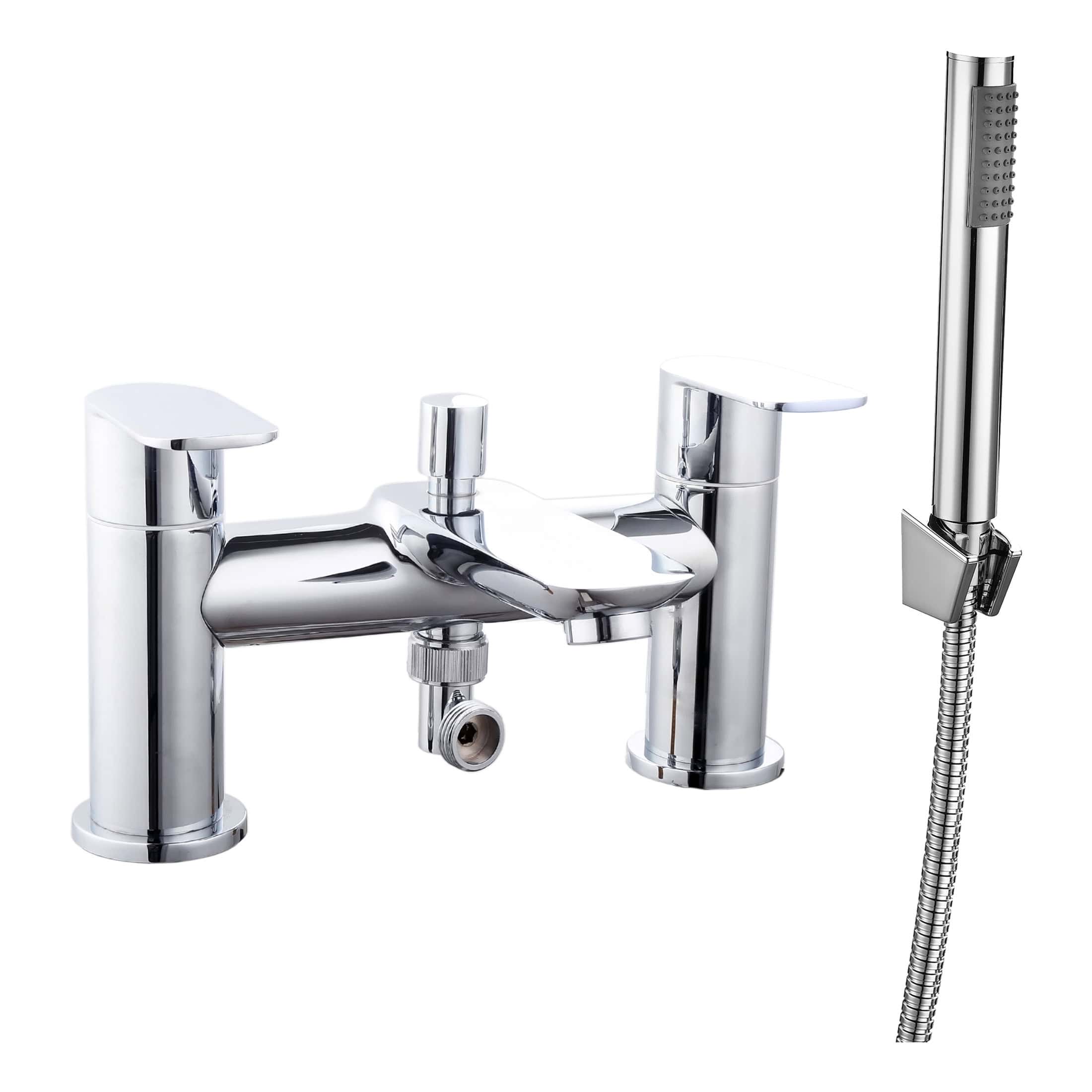 Chrome bathroom mixer tap with hand shower and hose, ideal for modern bathroom and shower setups. Designed for durability, style, and easy water control. Perfect for contemporary bathroom renovations.
