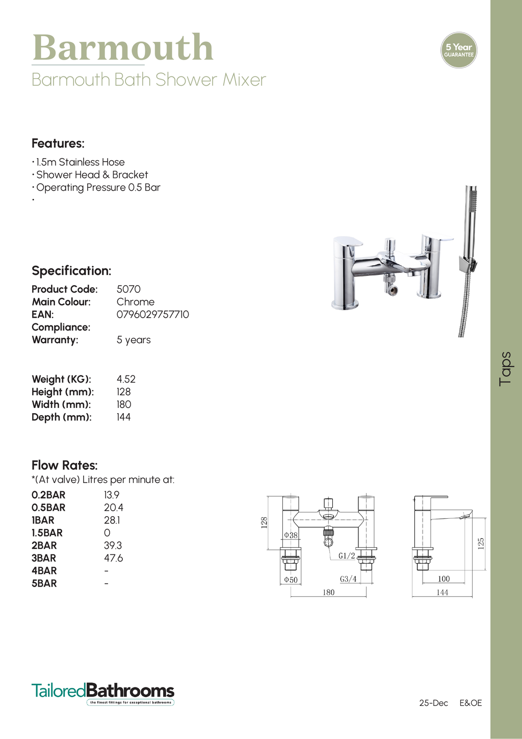 Tailored Barmouth Bath Shower Mixer Tap With Hose And Handset - Chrome - specification sheet with technical drawing and dimensions