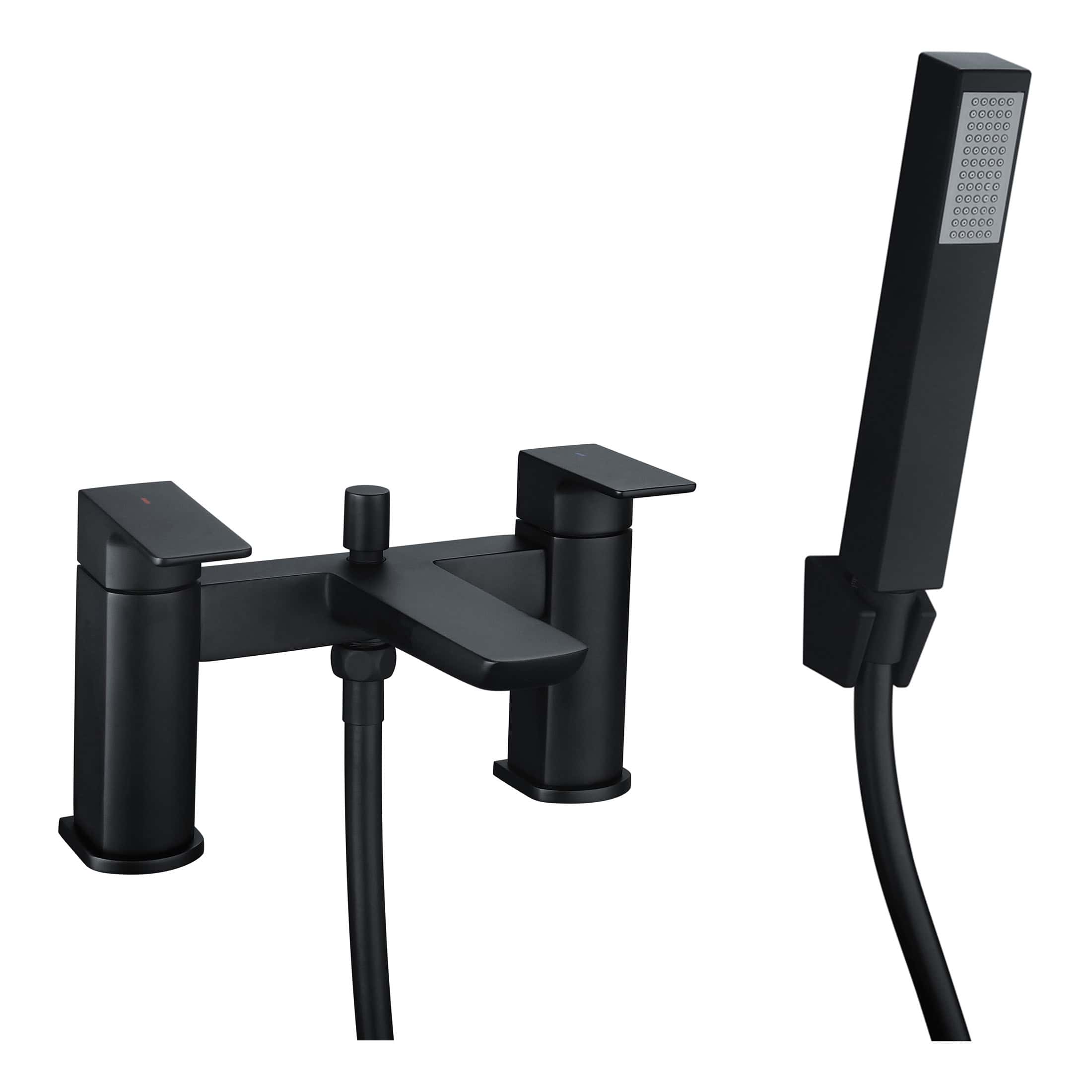 Modern black bathroom mixer tap with matching handheld shower head, ideal for contemporary bathroom renovations and stylish fixtures.