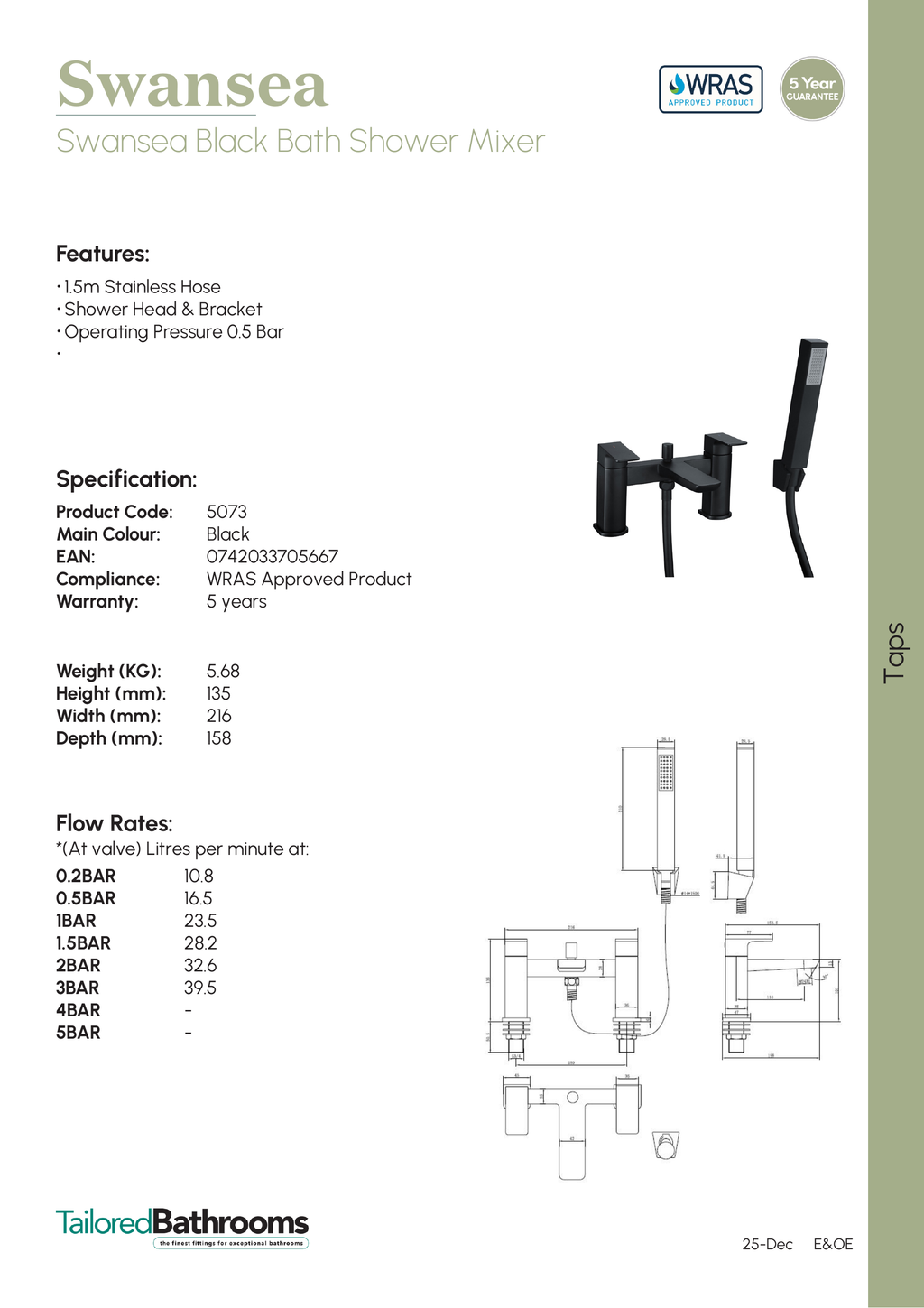 Tailored Swansea Bath Shower Mixer Tap - specification sheet with technical drawing and dimensions