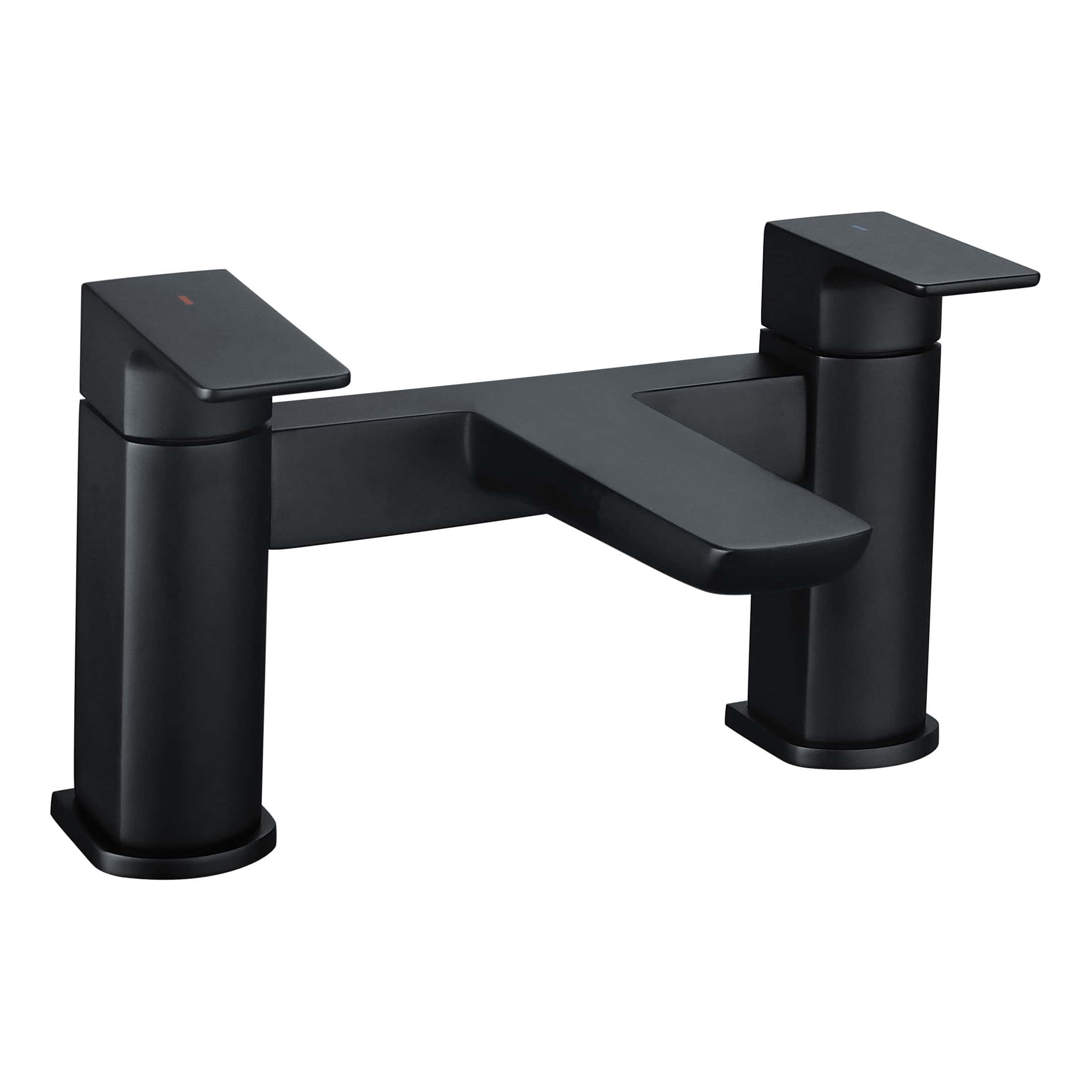Black modern bathroom sink faucet with dual square handles, sleek design, and matte finish for contemporary styling. Ideal for stylish bathroom upgrades and water efficiency.