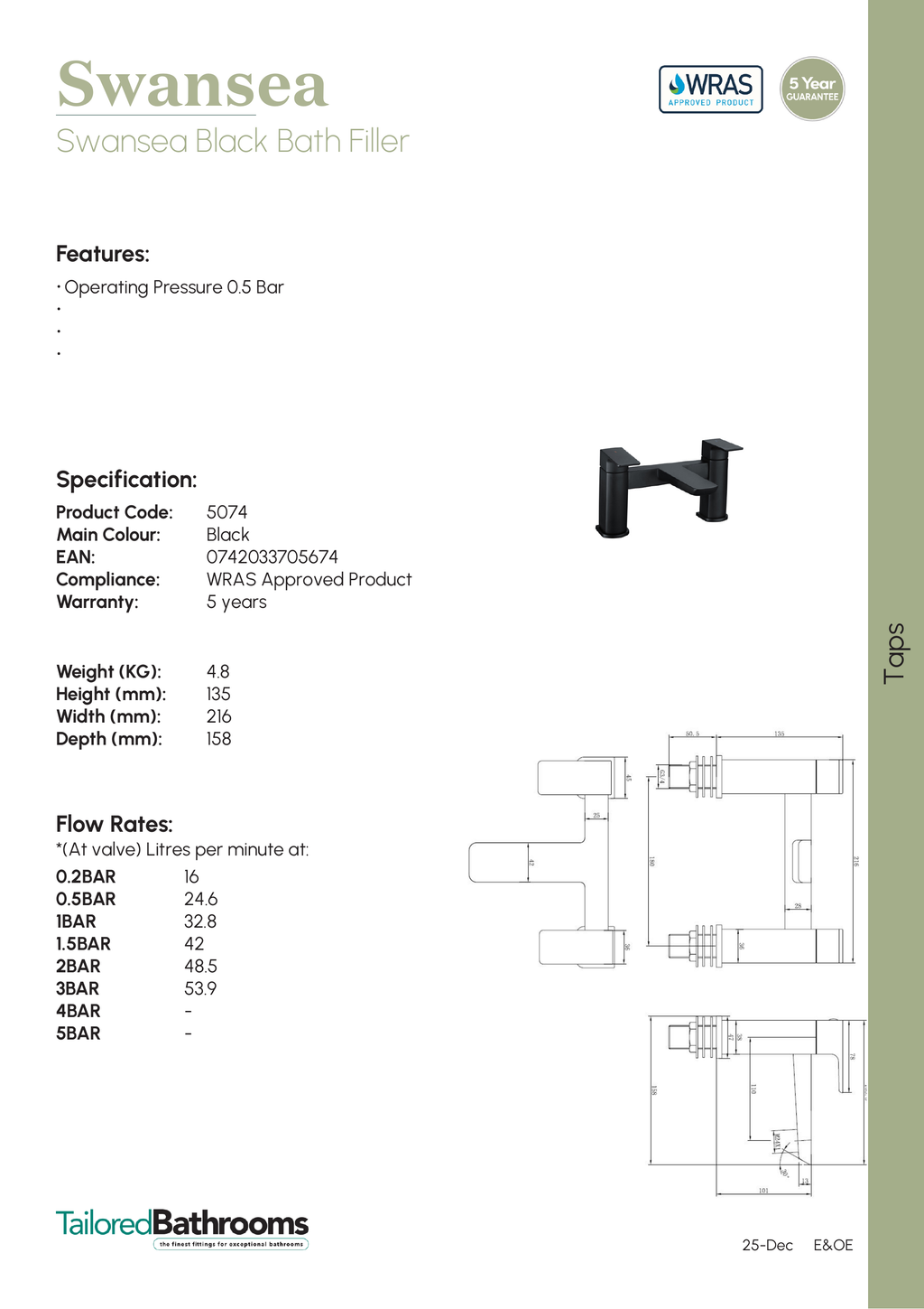 Tailored Swansea Bath Filler Tap - specification sheet with technical drawing and dimensions