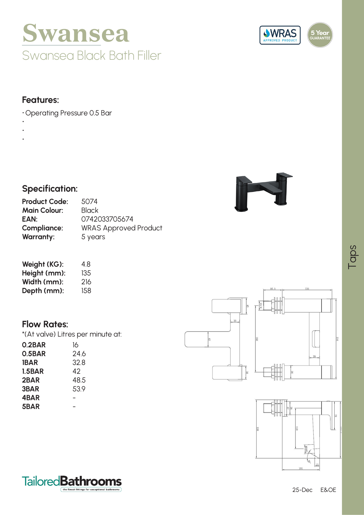 Tailored Swansea Bath Filler Tap - specification sheet with technical drawing and dimensions