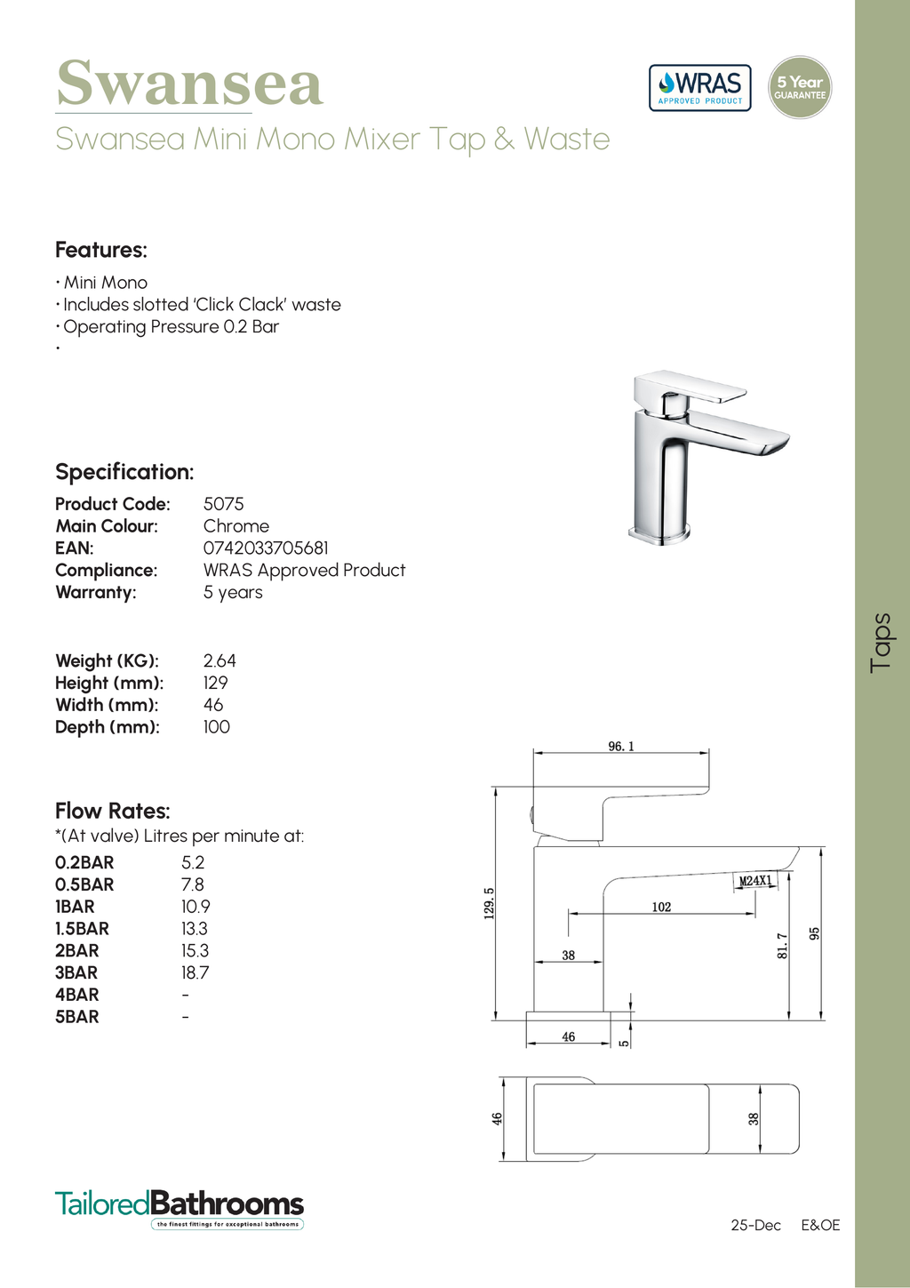 Tailored Swansea Mini Mono Basin Mixer Tap With Waste - Chrome - specification sheet with technical drawing and dimensions