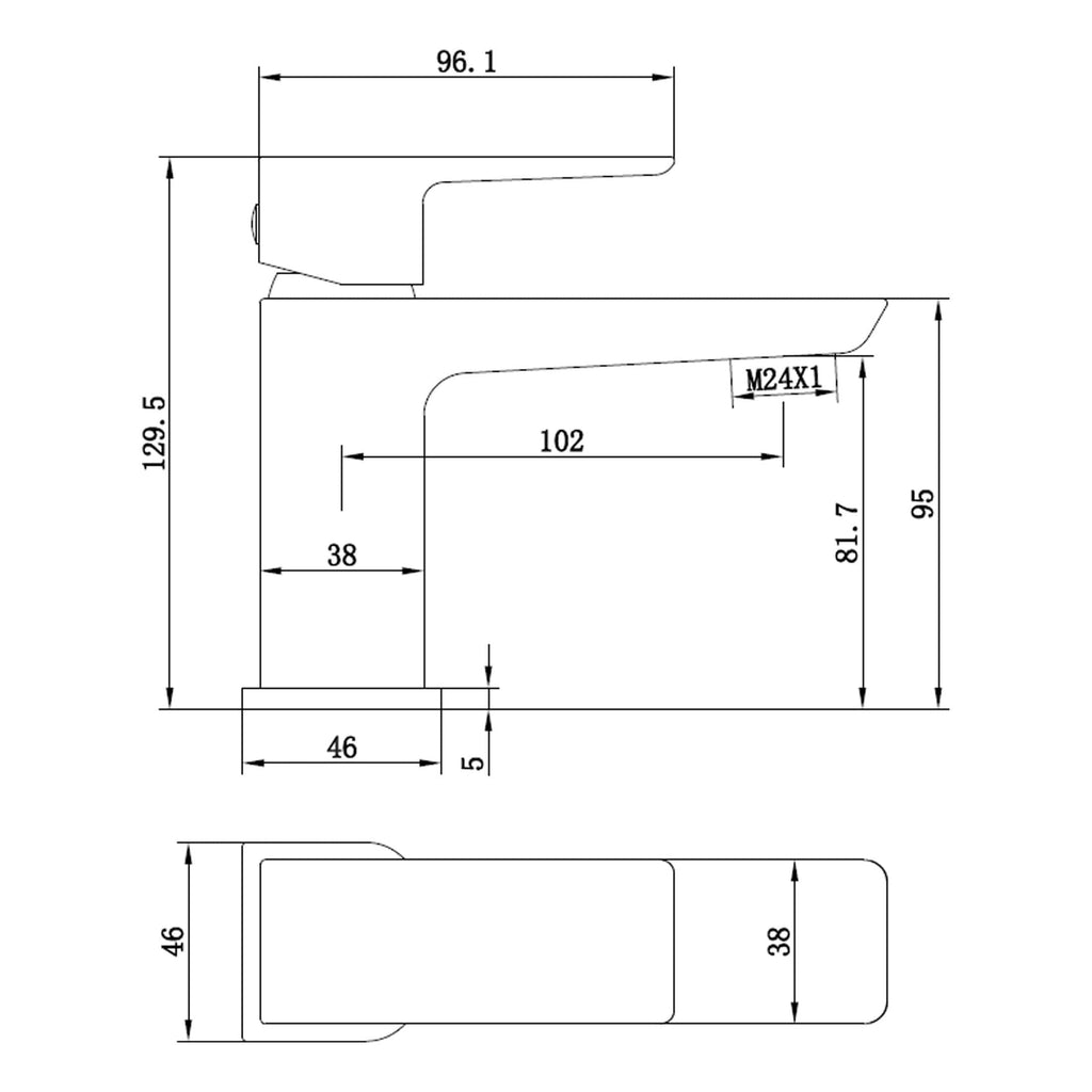 Contemporary bathroom faucet with detailed technical drawing showing dimensions and specifications for installation and design. Suitable for modern bathroom renovation projects.