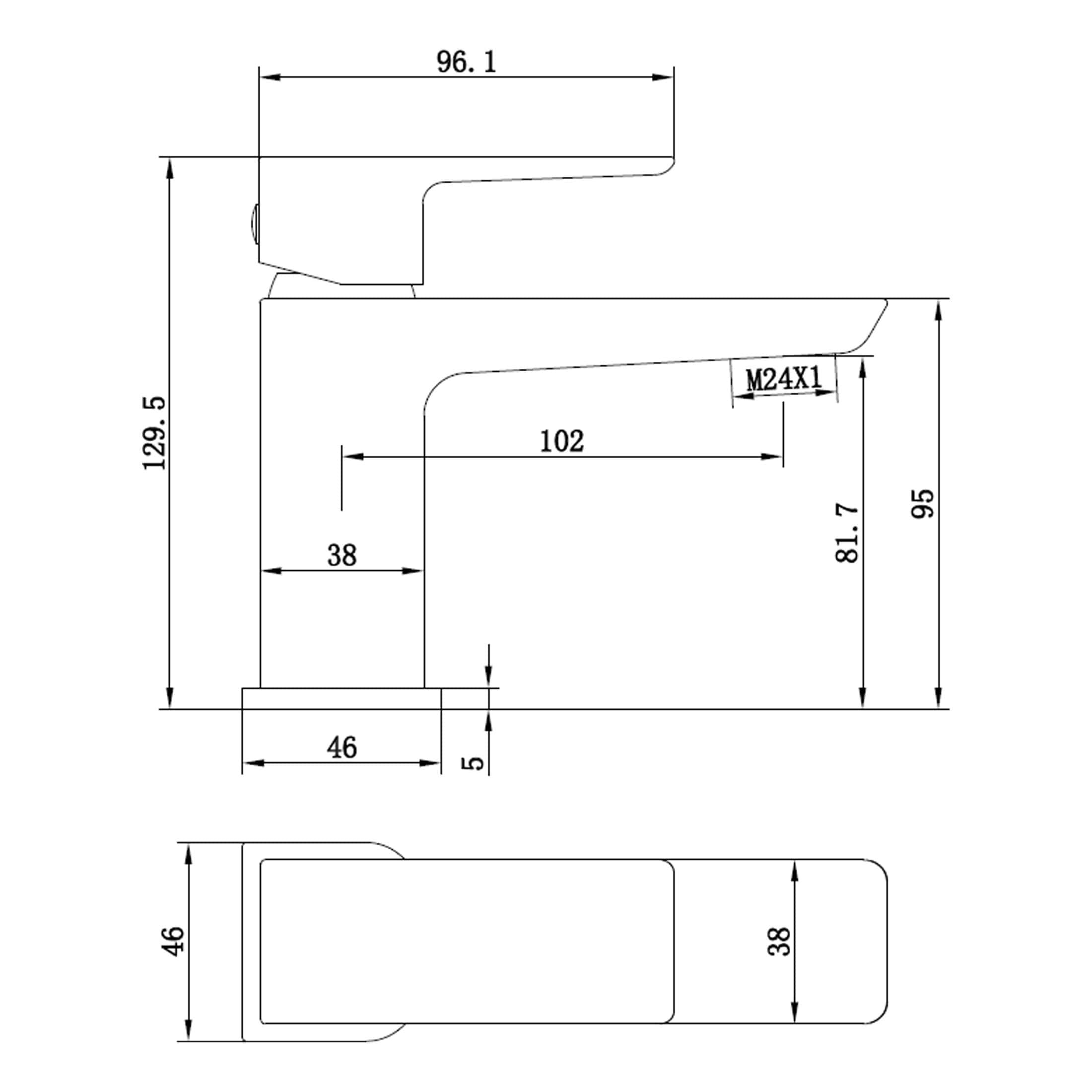 Contemporary bathroom faucet with detailed technical drawing showing dimensions and specifications for installation and design. Suitable for modern bathroom renovation projects.