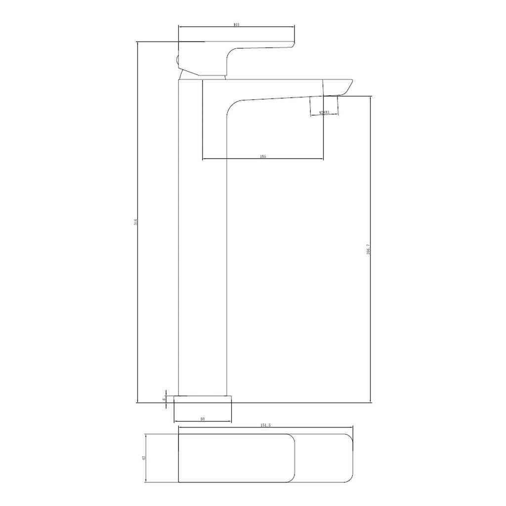 Sleek modern bathroom tap with precise technical drawing, showcasing contemporary design for stylish and functional bathroom fixtures.
