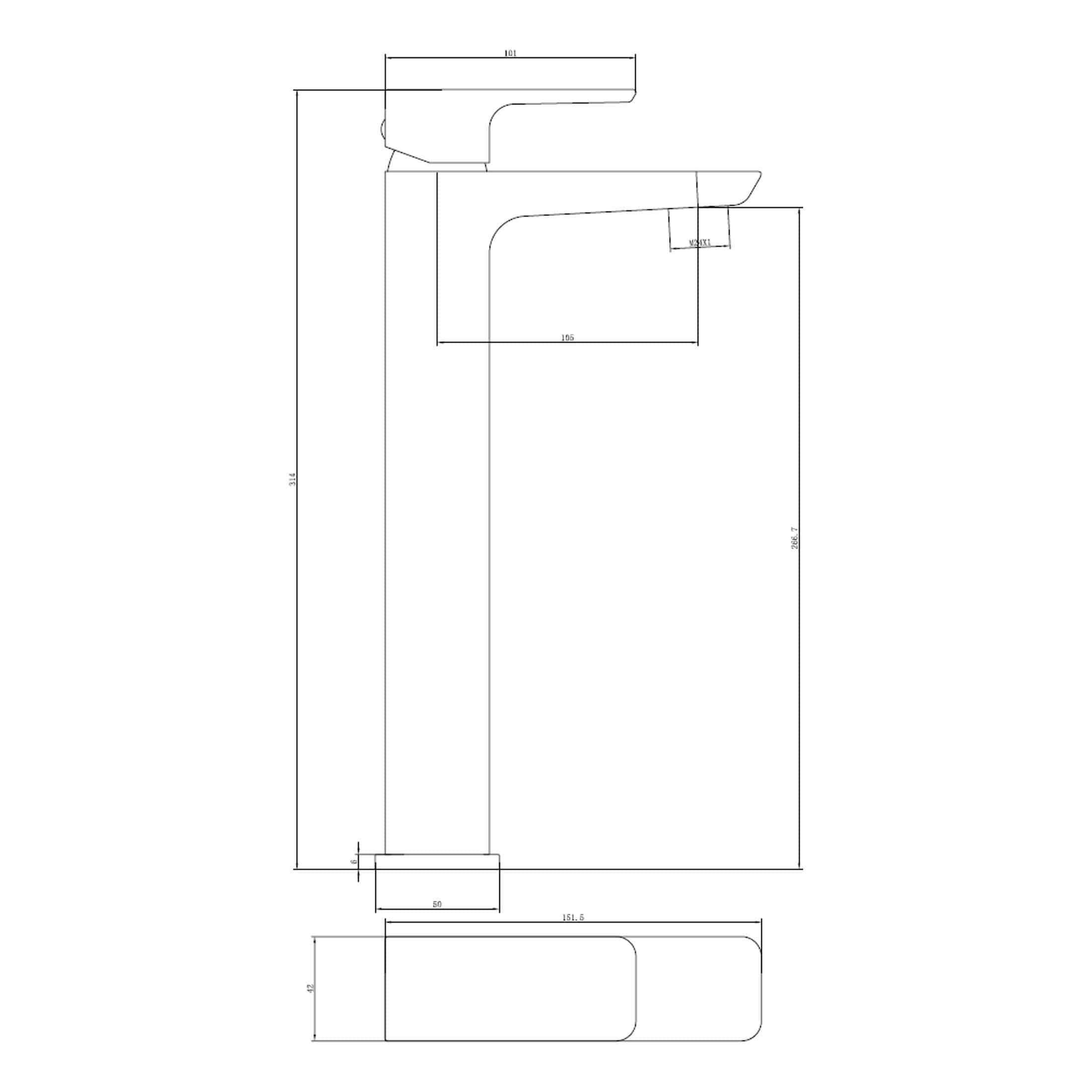 Sleek modern bathroom tap with precise technical drawing, showcasing contemporary design for stylish and functional bathroom fixtures.