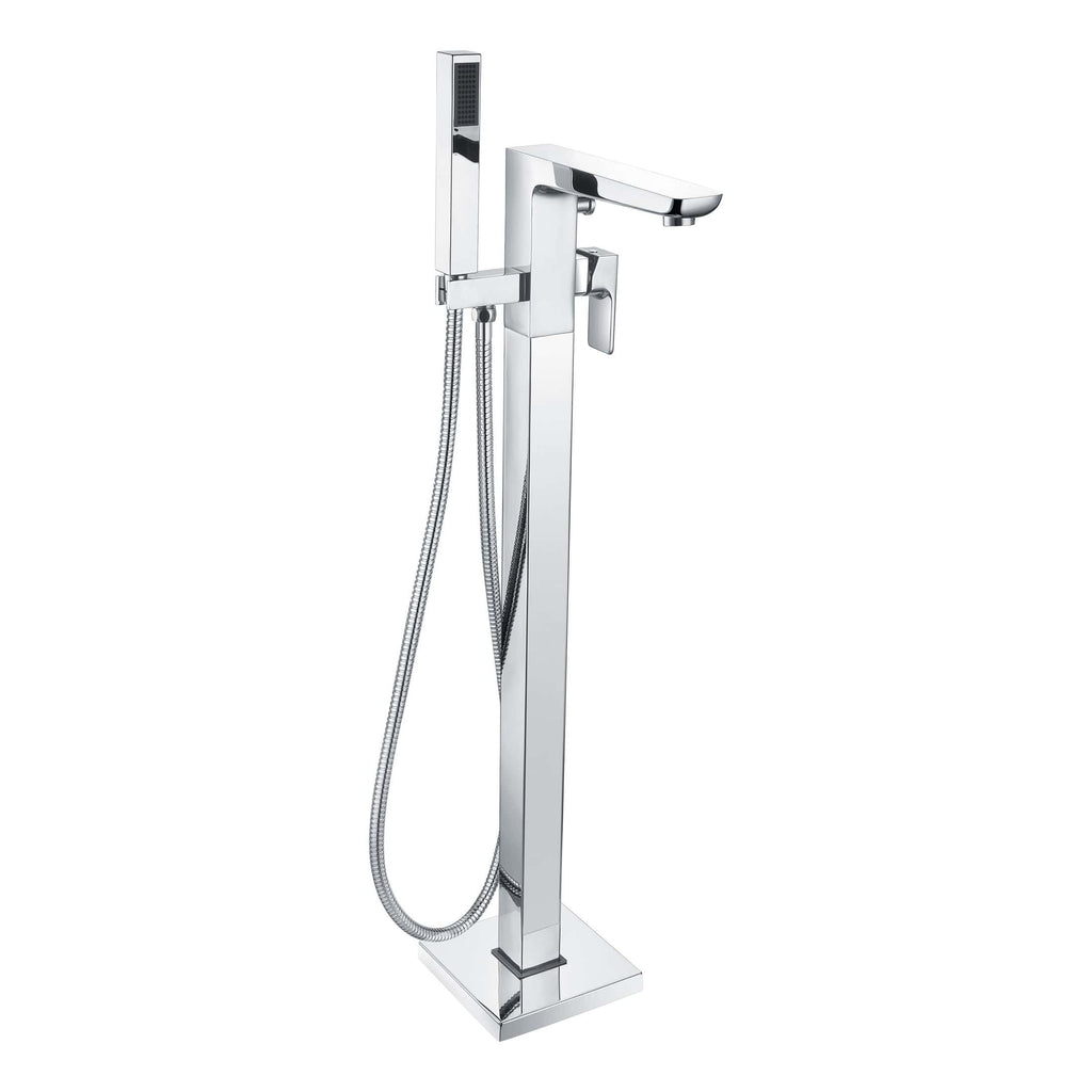 Sleek chrome standalone bathroom mixer tap with hand shower and flexible hose, ideal for modern bathroom or wet room installations for a stylish water outlet solution.