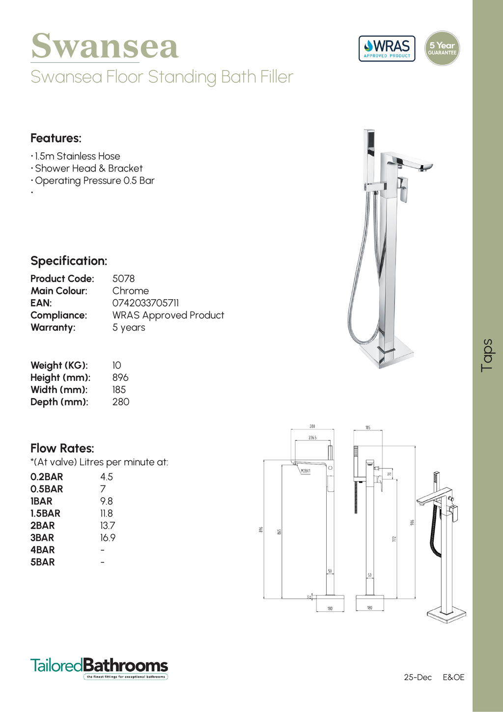 Tailored Swansea Floorstanding Bath Shower Mixer Tap - specification sheet with technical drawing and dimensions