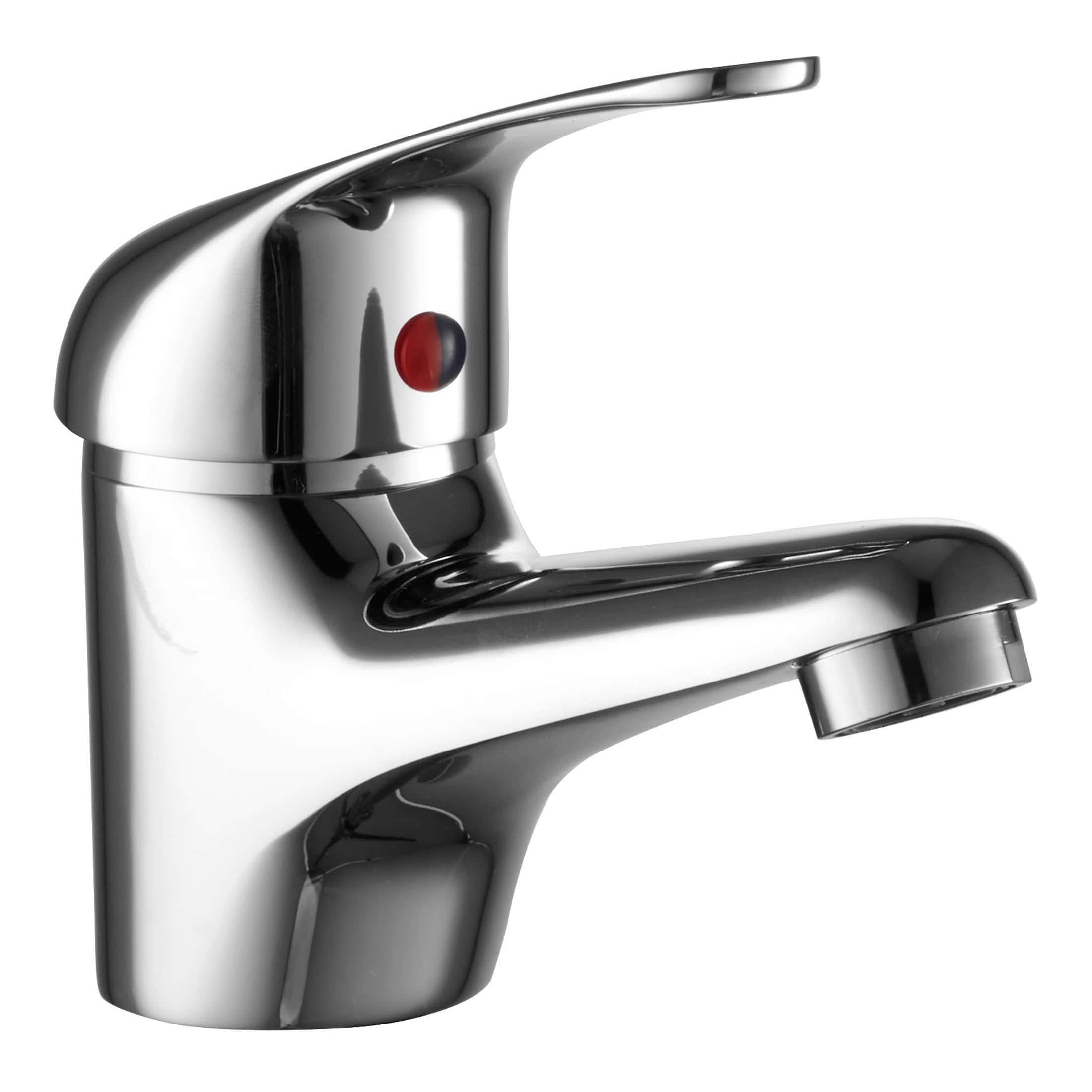 Brushed chrome bathroom sink tap with single lever for easy water control, ideal for modern bathroom renovations and fixtures.