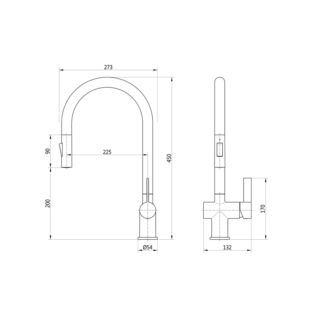 Sleek modern kitchen tap with high-arc design and precise measurements, ideal for contemporary bathrooms and kitchens for elegant water solutions.