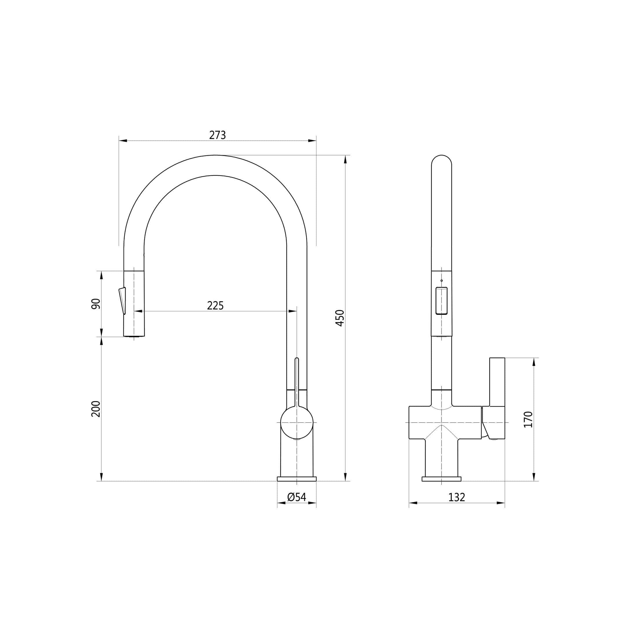 Sleek modern kitchen tap with high-arc design and precise measurements, ideal for contemporary bathrooms and kitchens for elegant water solutions.