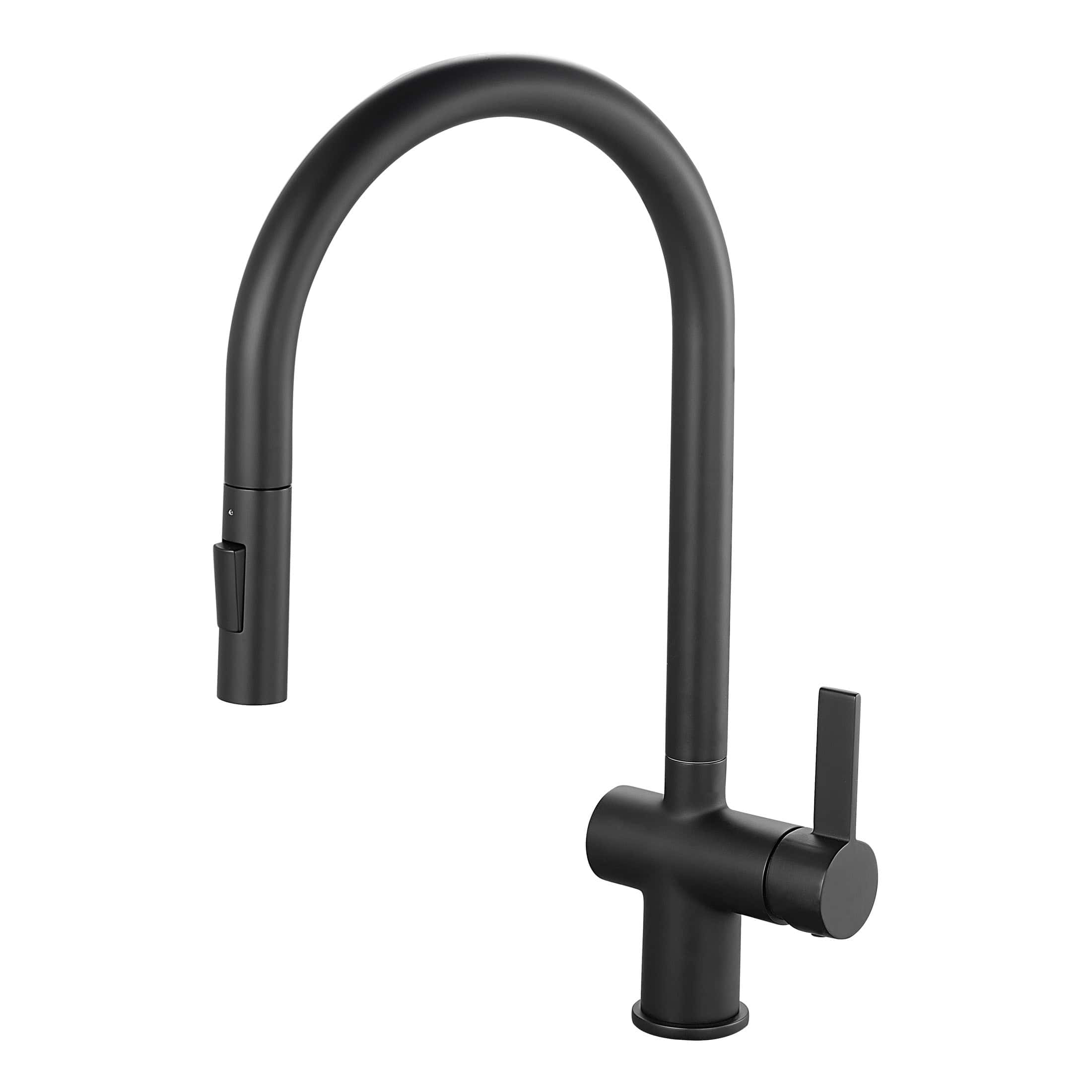 Sleek black kitchen tap with high-arc design, single lever control, and modern matte finish, ideal for contemporary bathrooms or kitchens, offering style and functionality.