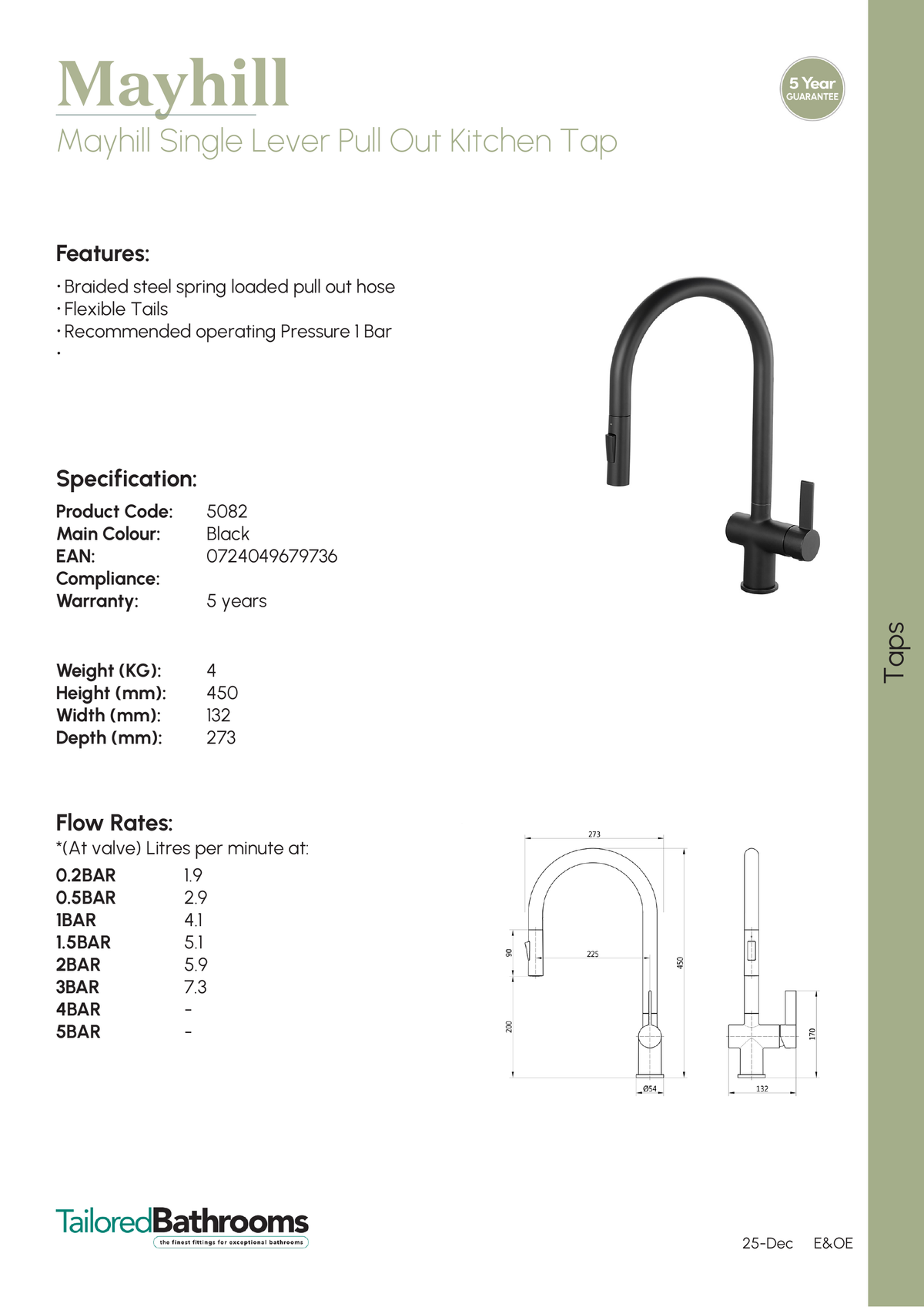 Tailored Mayhill Single Lever Pull Out Kitchen Mixer Tap - specification sheet with technical drawing and dimensions