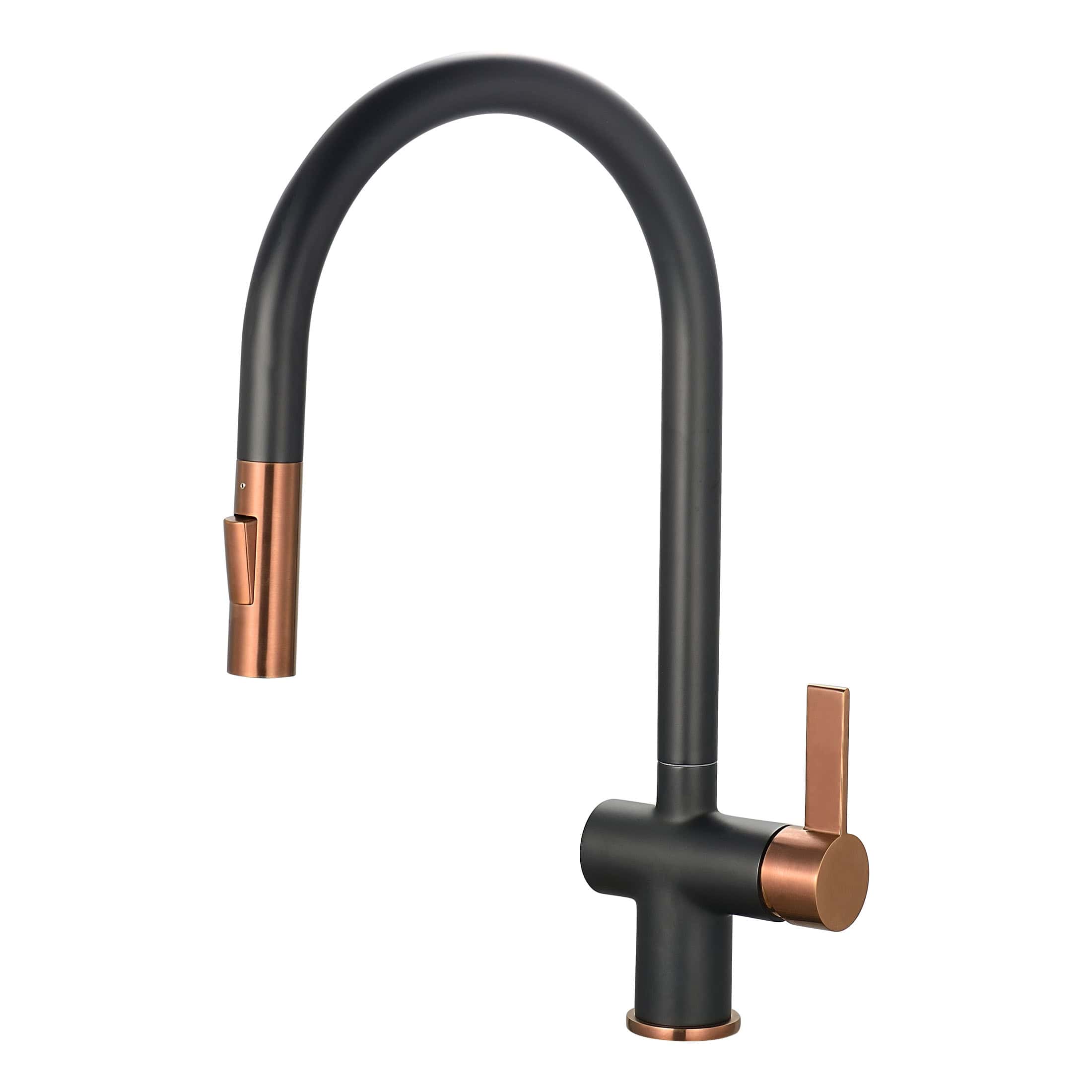Sleek black kitchen or bathroom tap with rose gold accents, modern design with a pull-out spray, ideal for contemporary Bubly Bathrooms settings.