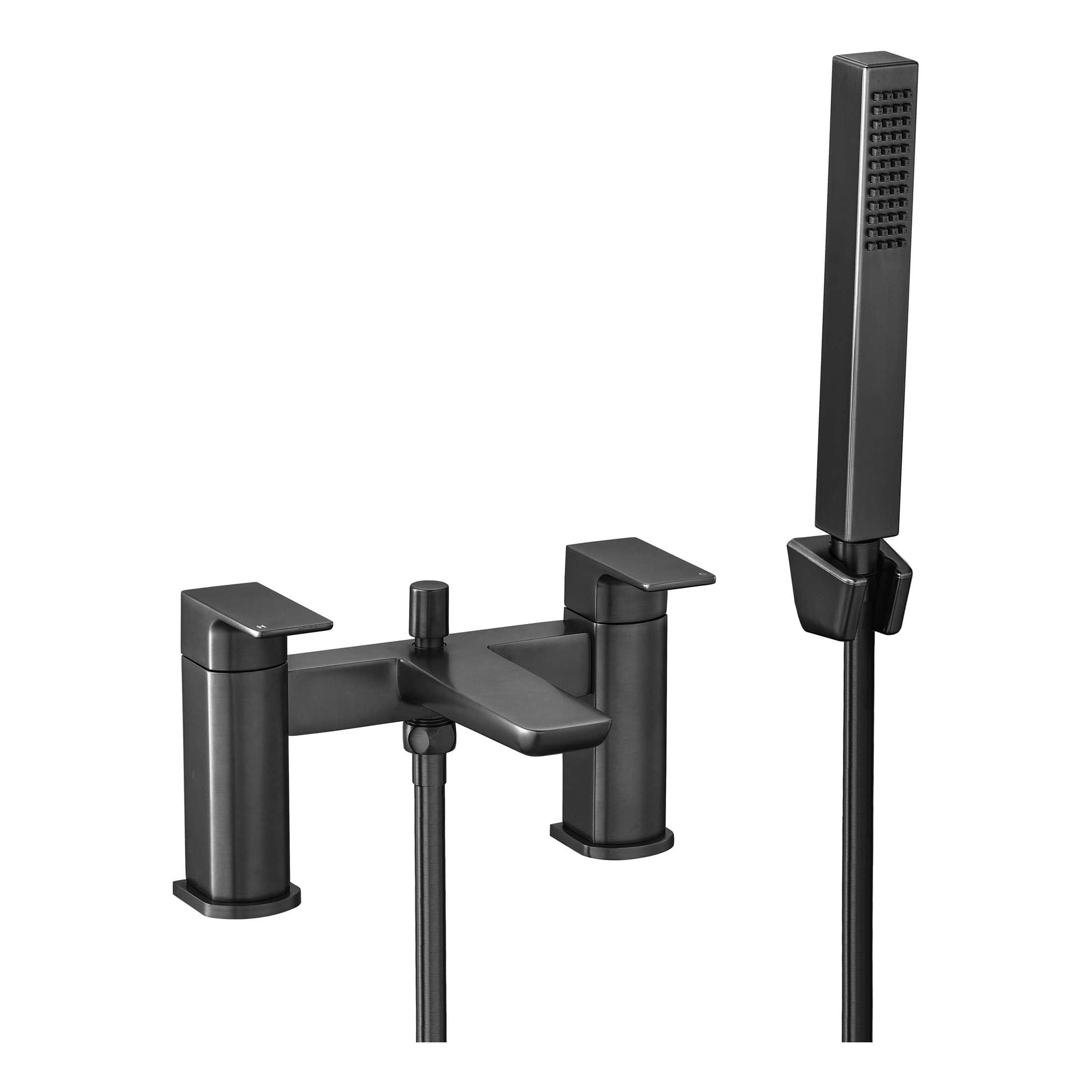 High-quality black bathroom mixer tap with matching handheld shower and flexible hose, ideal for modern bathroom renovation and stylish bath shower setups.