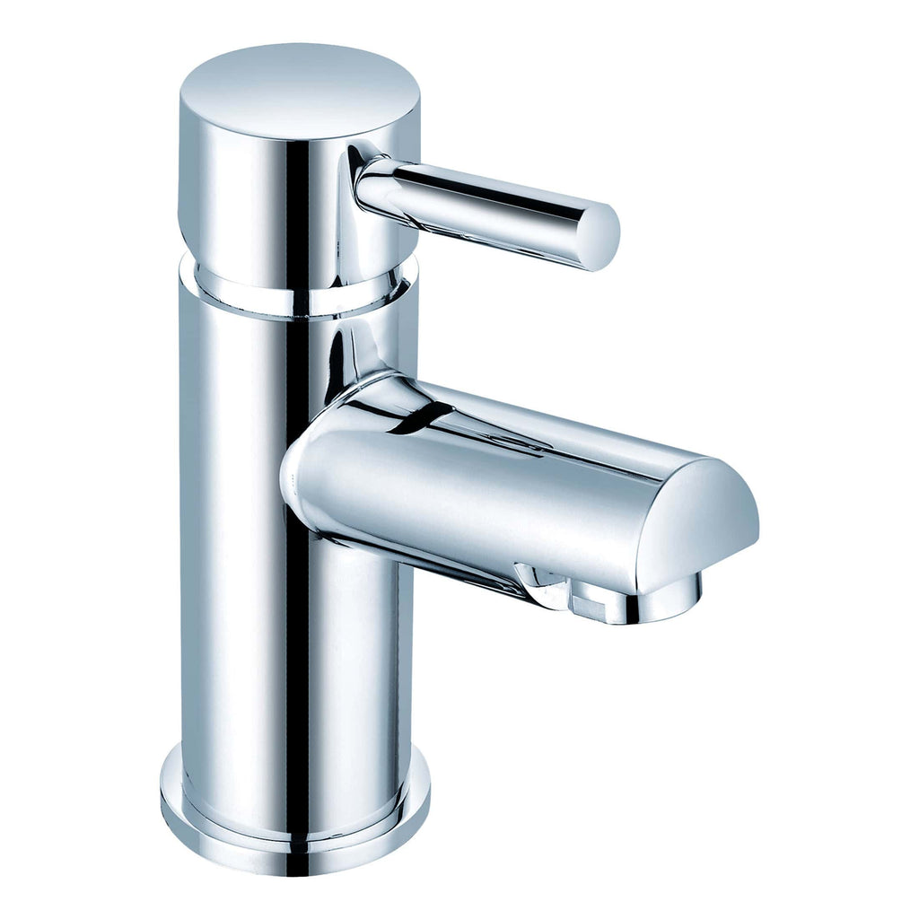 Shiny chrome bathroom tap, modern designer basin mixer tap with single lever, high-quality brass construction, ideal for contemporary bathrooms, focused on durability and style.
