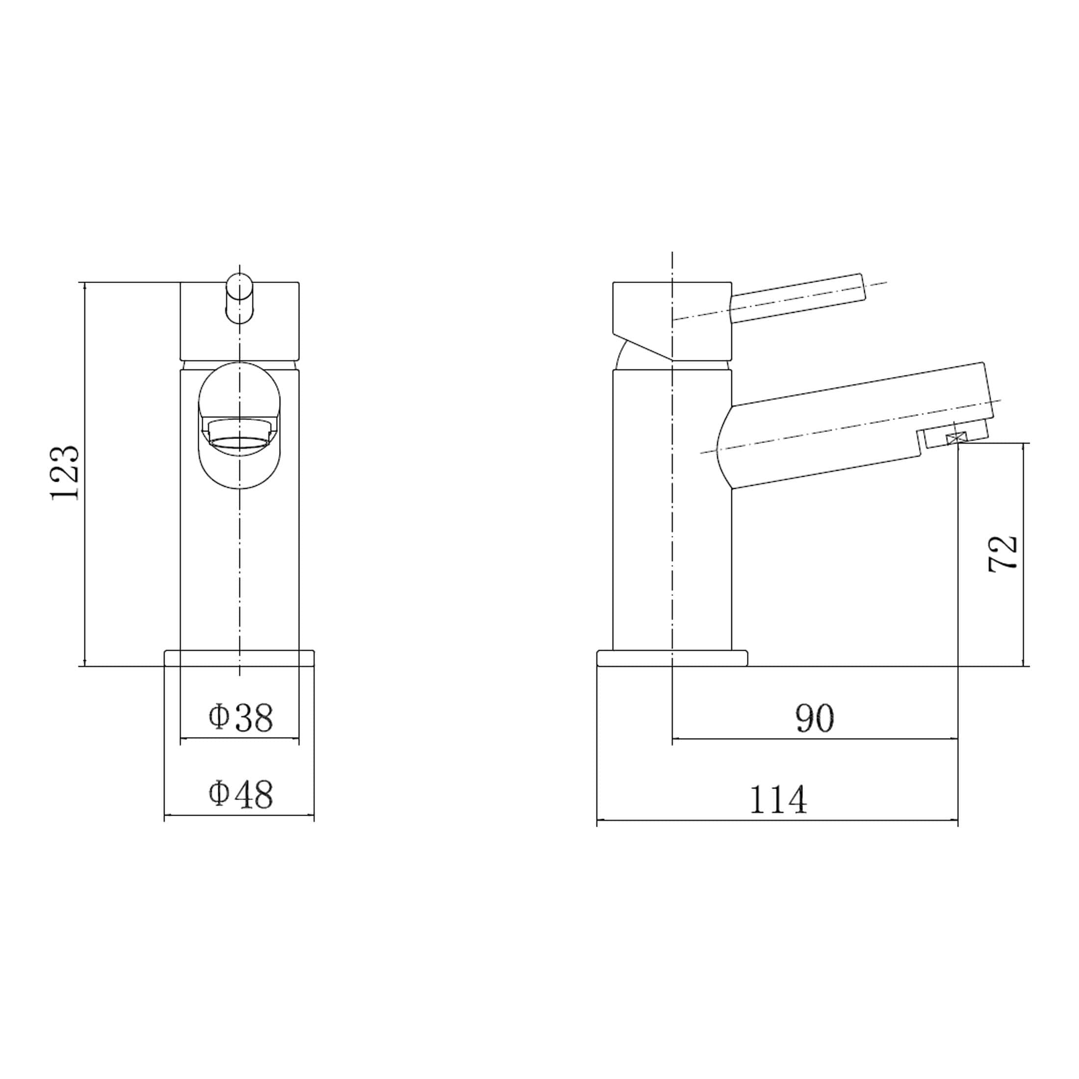 High-quality technical drawing of a modern bathroom sink faucet with detailed measurements, designed for plumbing installations and bathroom renovation projects.