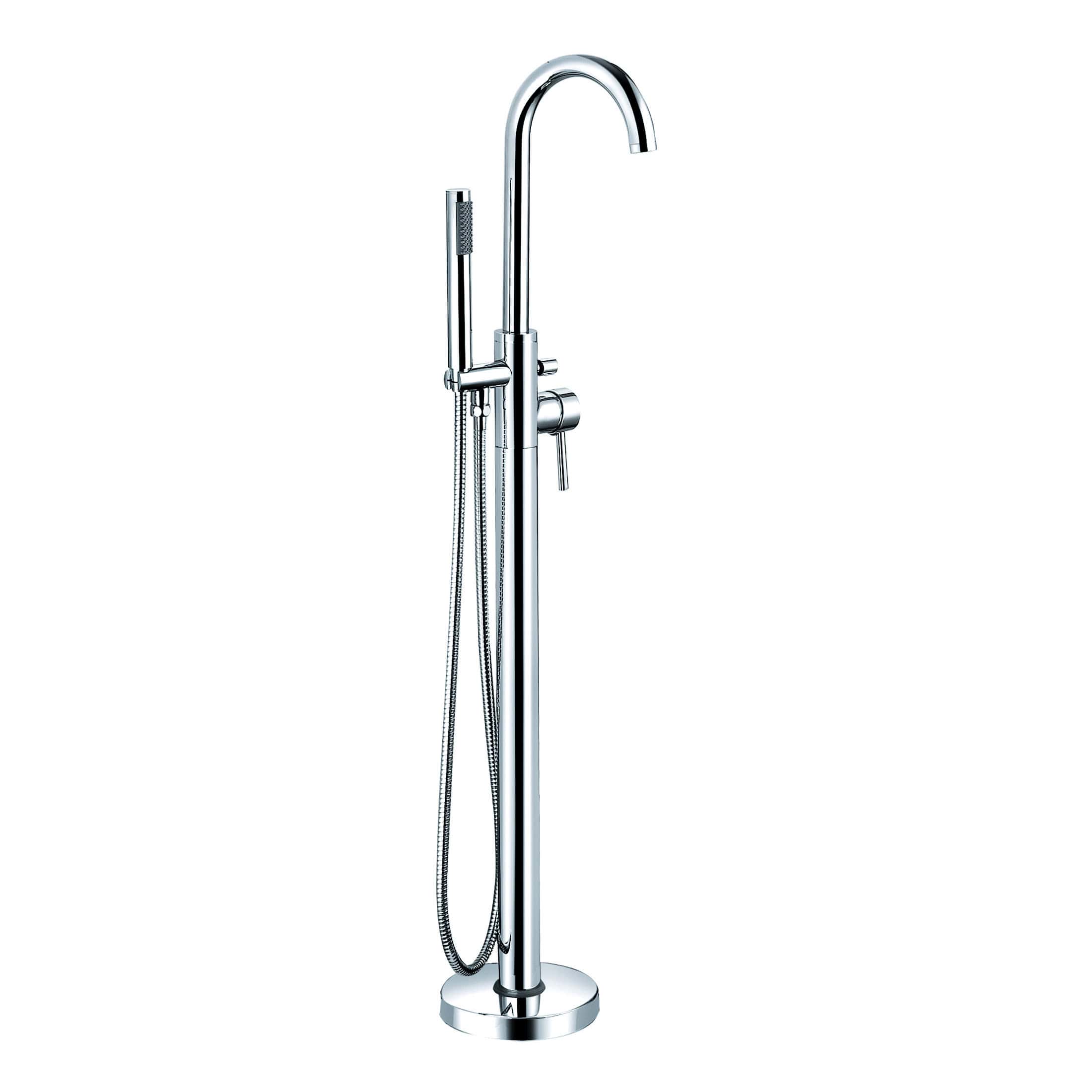Sleek chrome freestanding bathroom bath filler with handheld shower and flexible hose for modern bathroom decor. Durable, hygienic, and easy to install. Perfect for luxury bathroom designs.