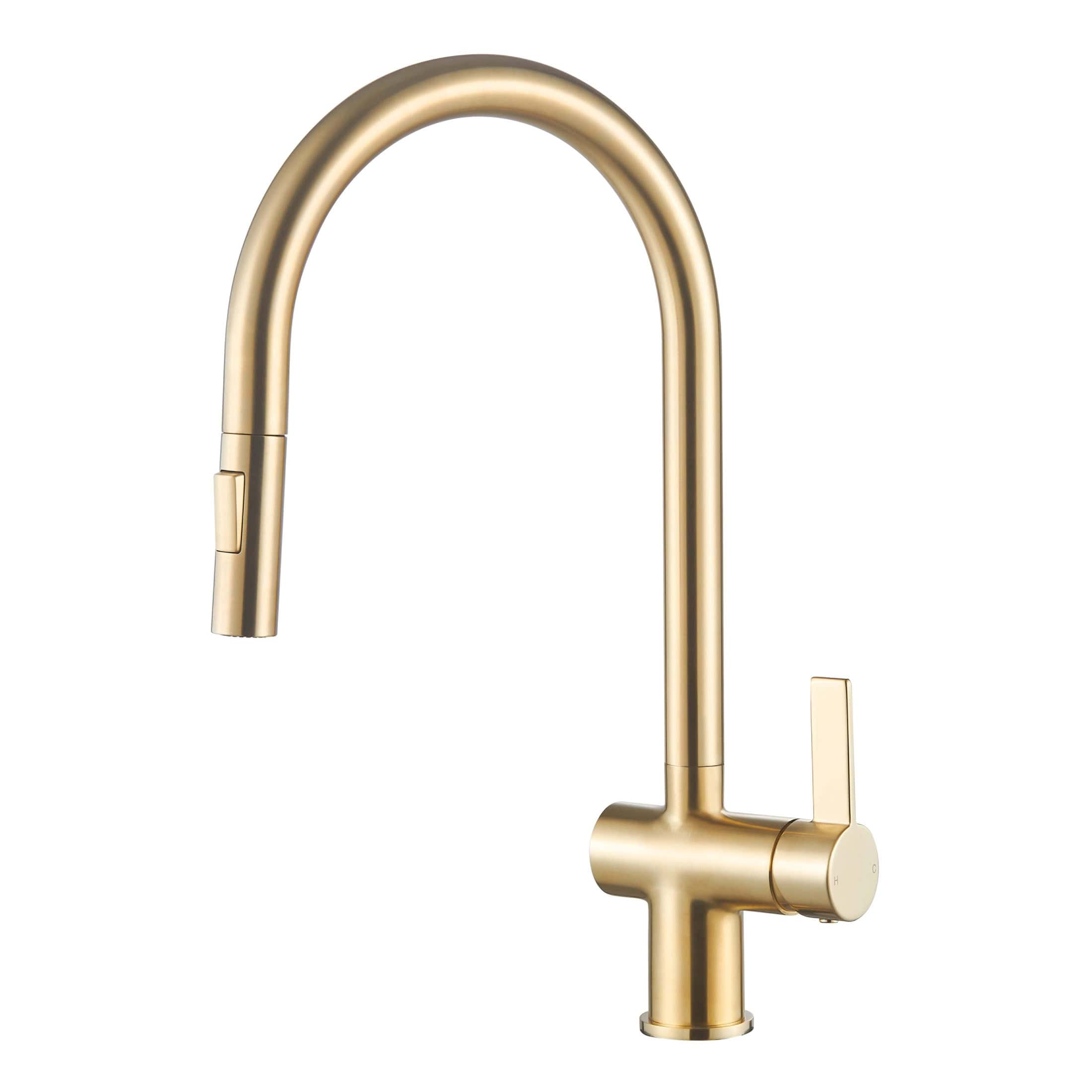 Brass kitchen tap with a modern high-arc design, ideal for contemporary bathrooms, featuring a single lever for easy temperature control and a sleek finish for stylish bathroom upgrades.