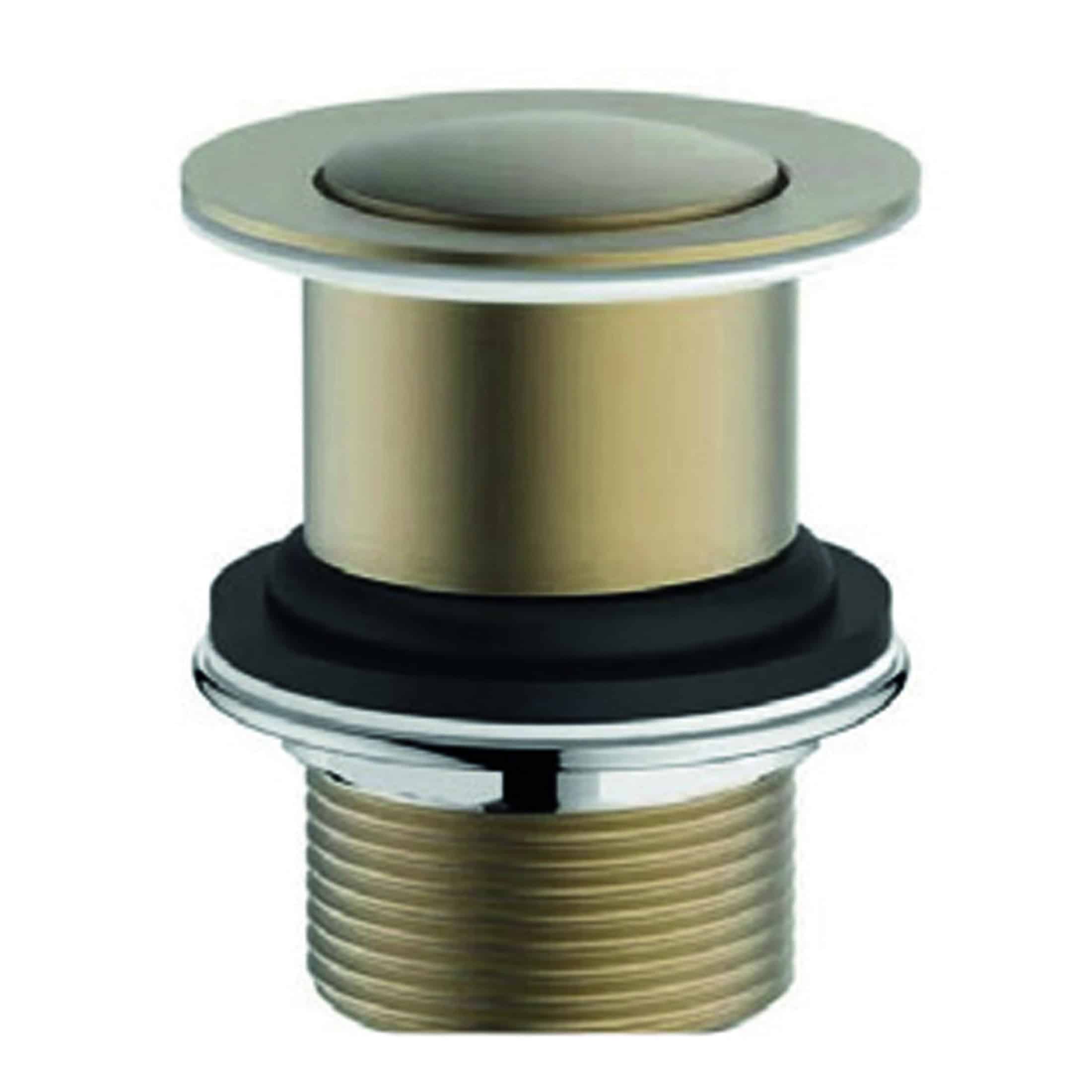 Brass bathroom sink pop-up drain stopper with rubber gasket, chrome finish, high-quality plumbing fixture for modern bathroom designs.