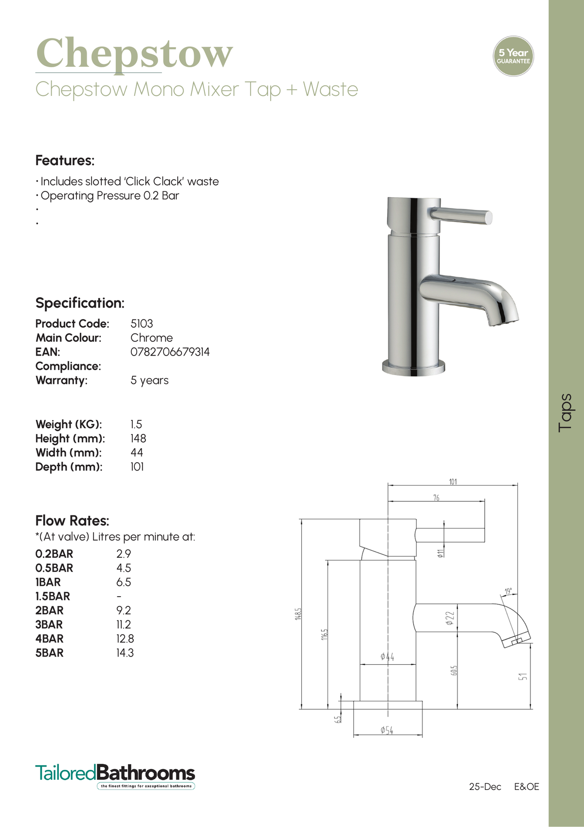 Tailored Chepstow Mono Basin Mixer Tap With Waste - specification sheet with technical drawing and dimensions