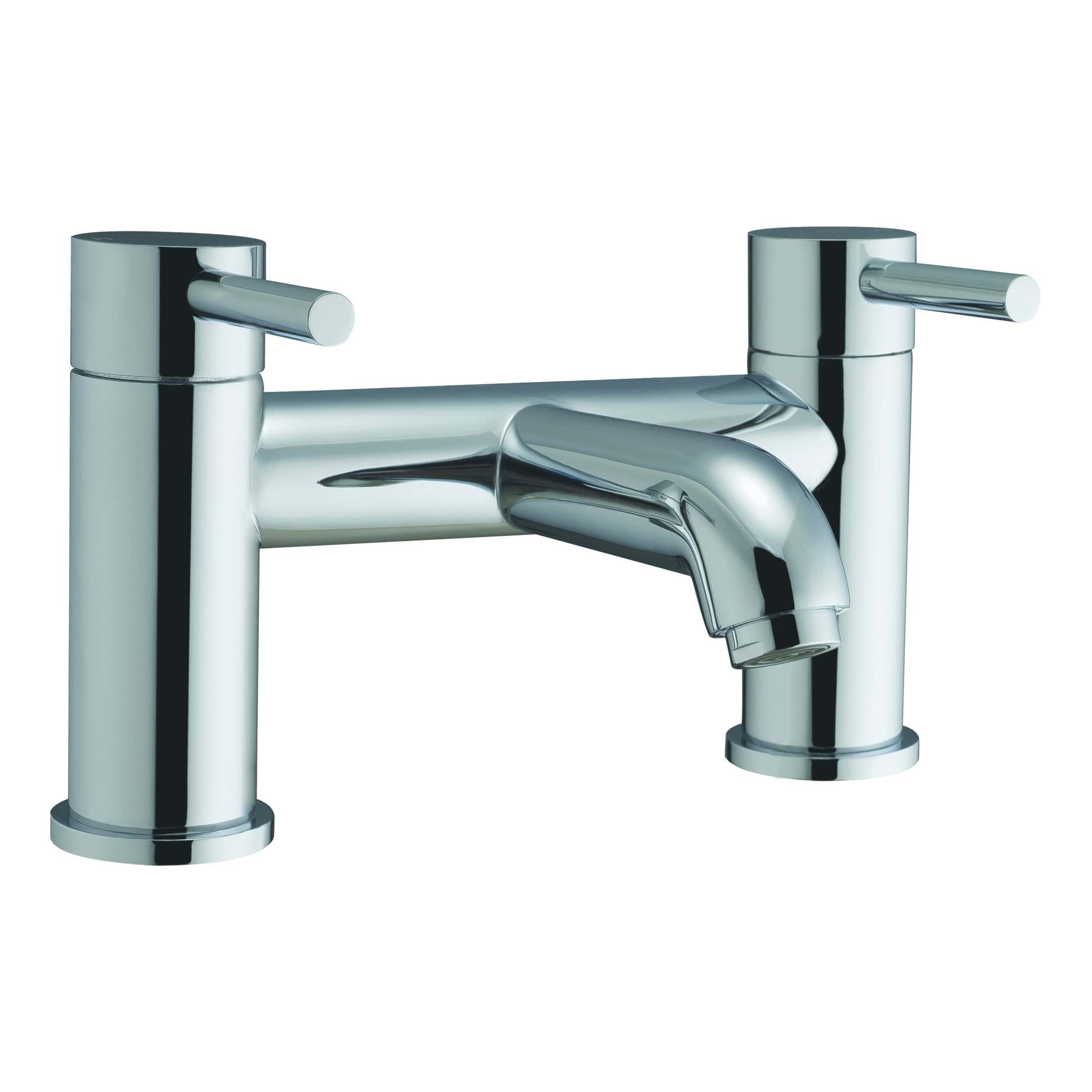 Shiny chrome bathroom sink mixer tap with dual handles, modern design, ideal for contemporary bathroom settings. Sleek and durable stainless steel for reliable water control.