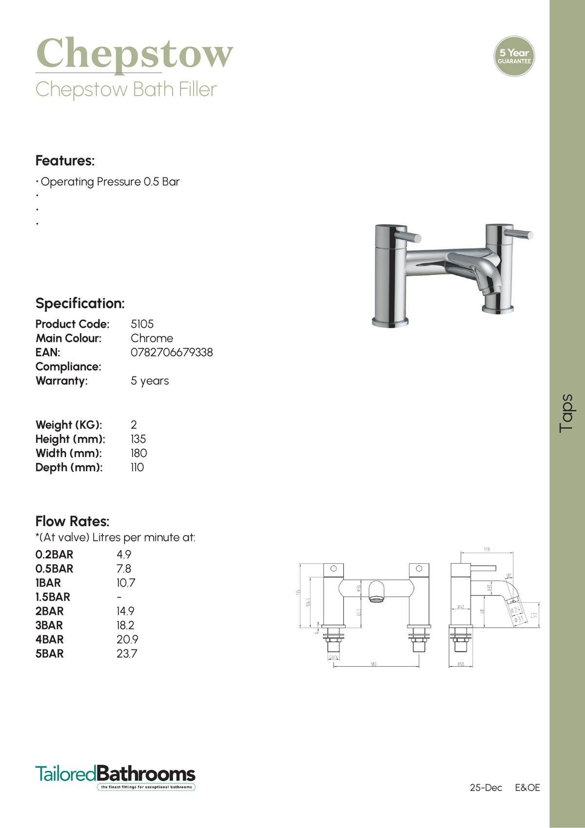 Tailored Chepstow Bath Filler Tap - specification sheet with technical drawing and dimensions