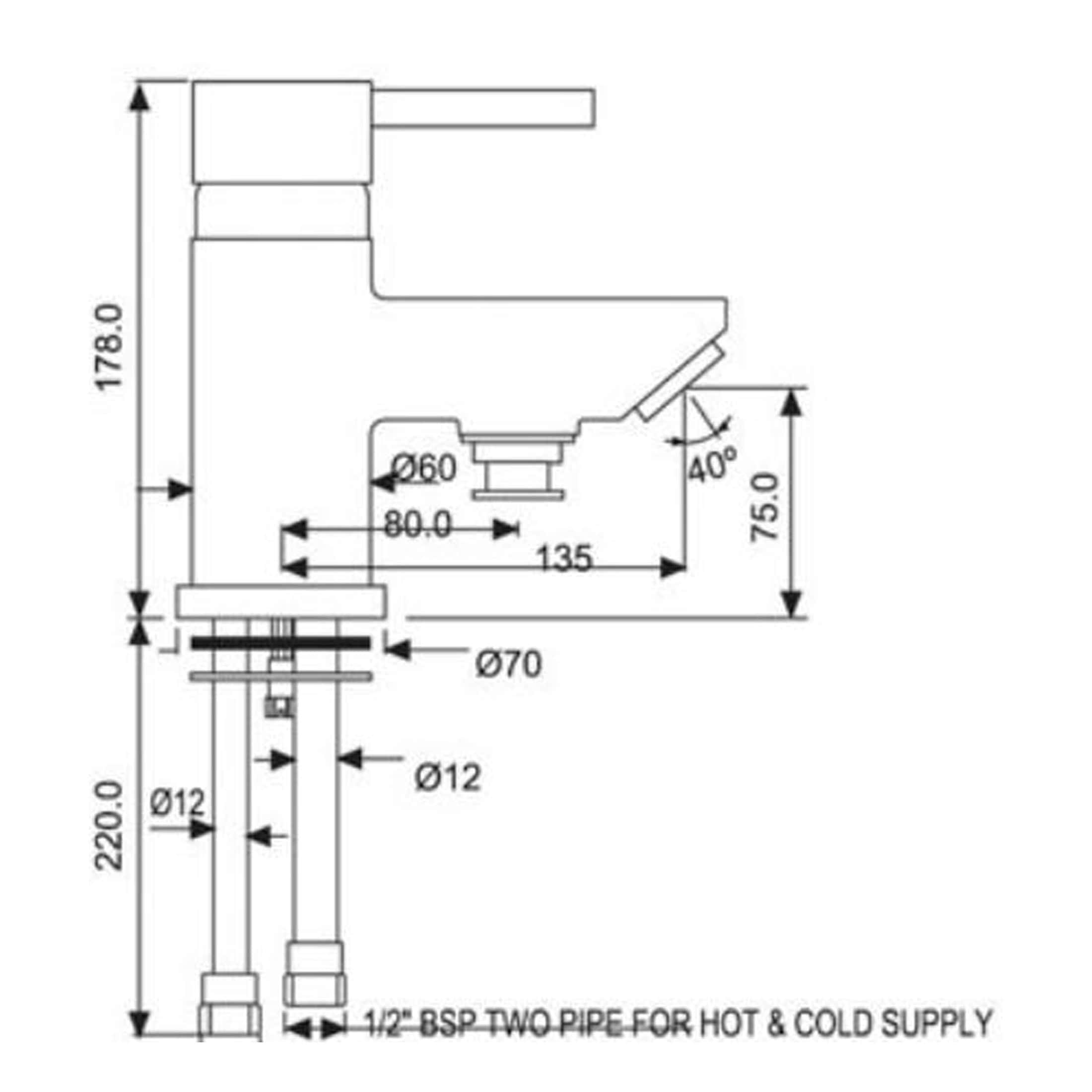 Flexible bathroom tap installation blueprint with detailed dimensions and specifications for plumbing setup.