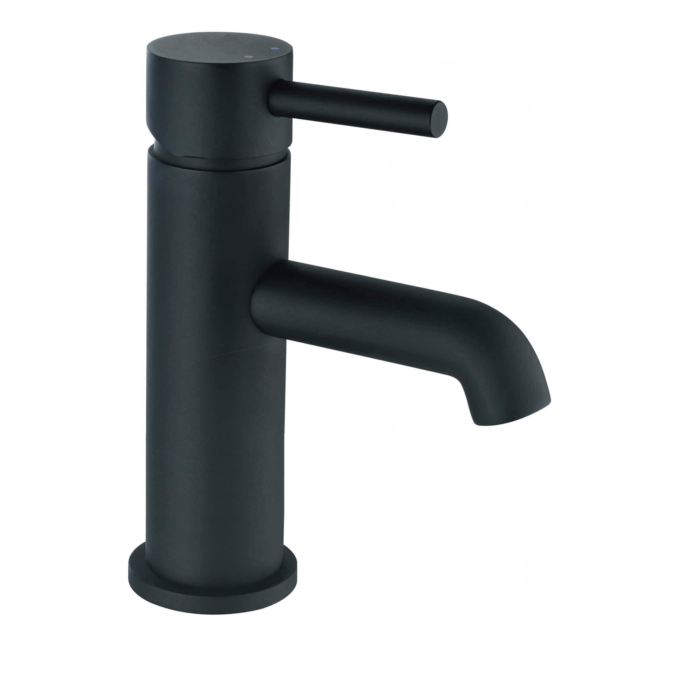 Matte black bathroom tap, modern freestanding basin mixer faucet for contemporary bathrooms.