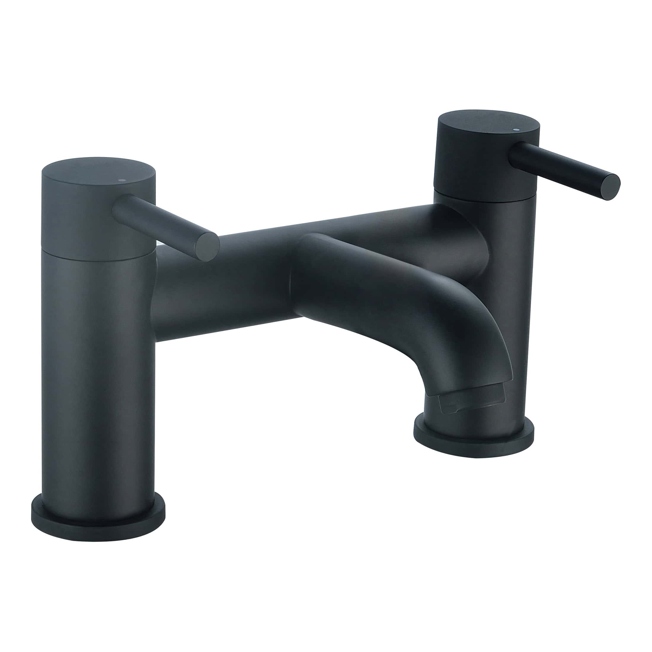Modern black kitchen sink mixer tap with dual handles for hot and cold water. Sleek, minimalist design perfect for contemporary bathrooms and kitchens, combining style with functionality.