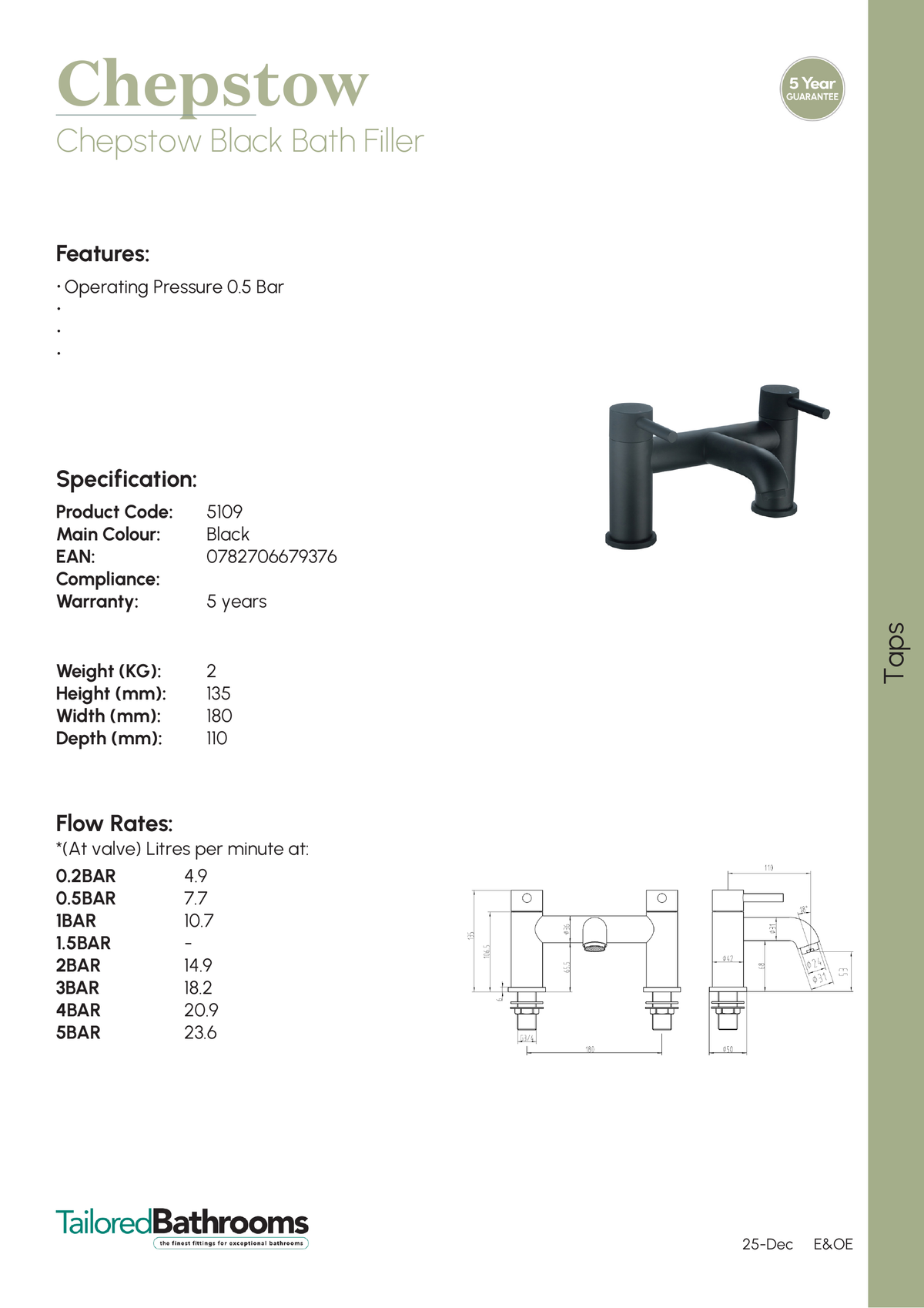 Tailored Chepstow Bath Filler Tap - specification sheet with technical drawing and dimensions