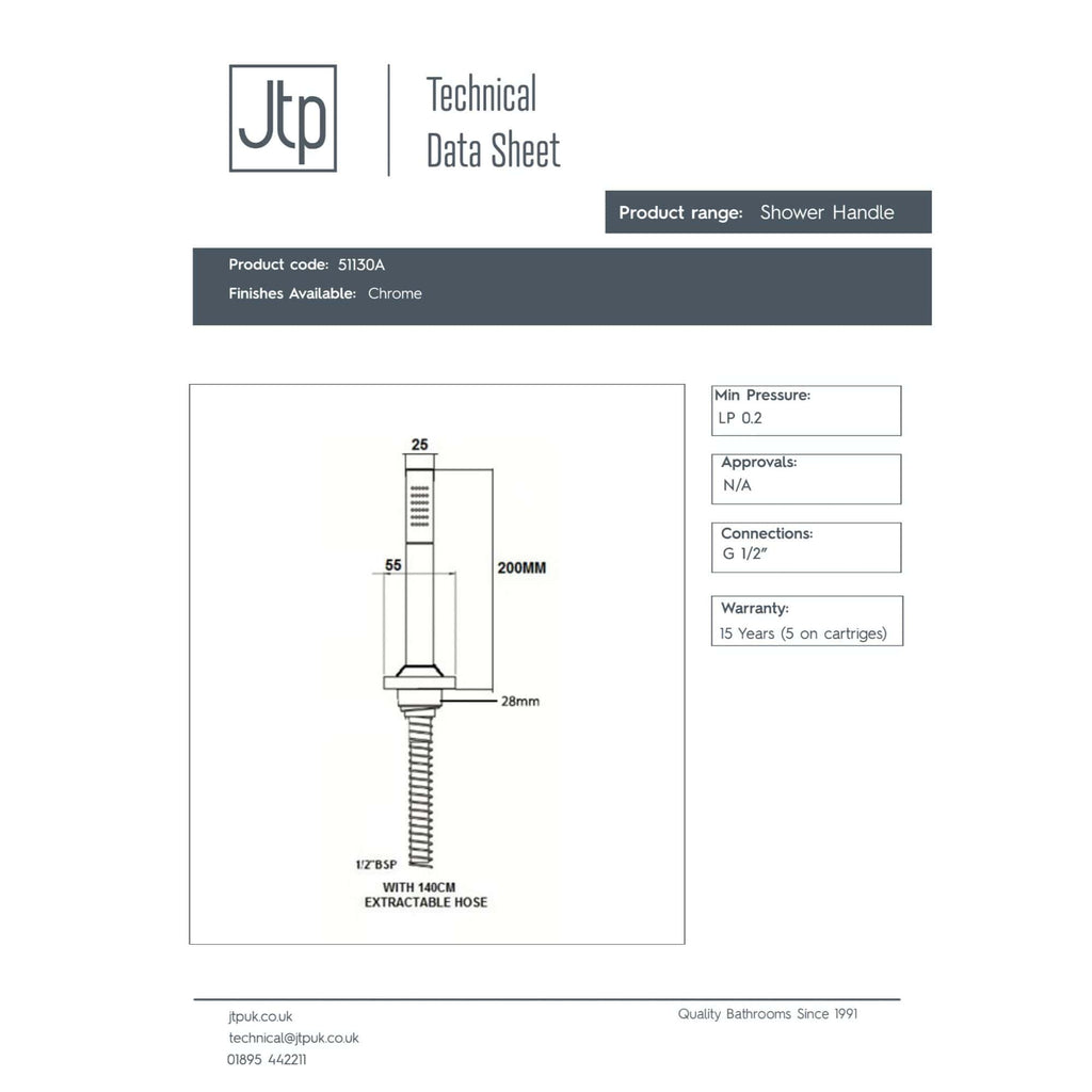 Shower handle with chrome finish showcasing technical specifications, dimensions, and connection details from Bubly Bathrooms.