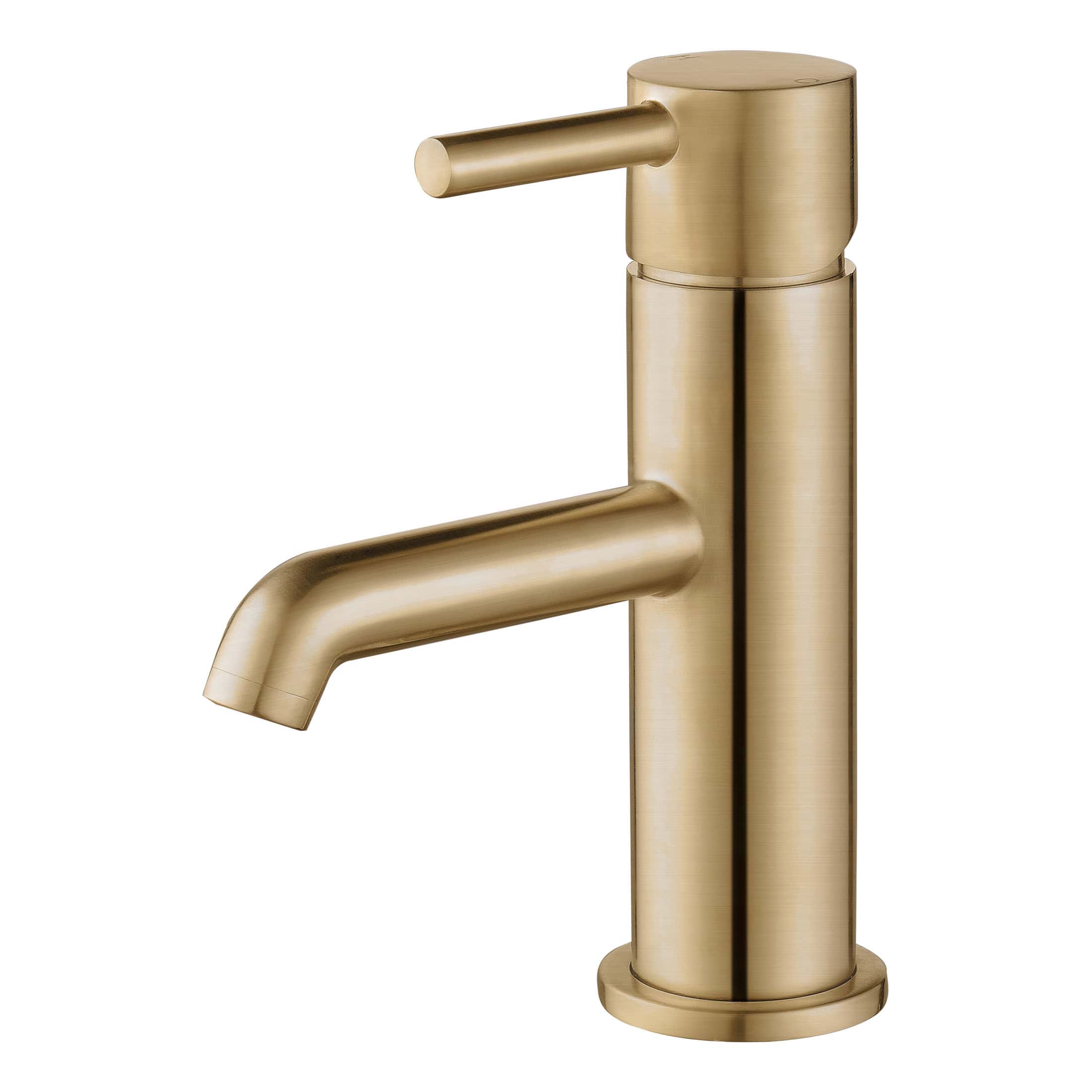Brushed gold bathroom mixer tap with sleek cylindrical design, perfect for contemporary bathroom decor. Easy to install and use, adding a touch of luxury to your home.