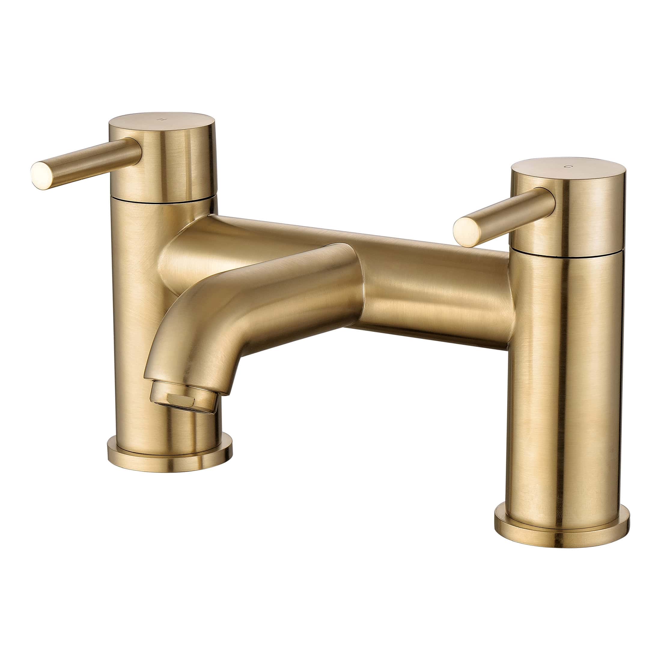 Polished gold bathroom mixer tap with dual handles for hot and cold water, sleek modern design, perfect for contemporary kitchens or vanity sinks. High-quality brass material, durable and elegant finish.