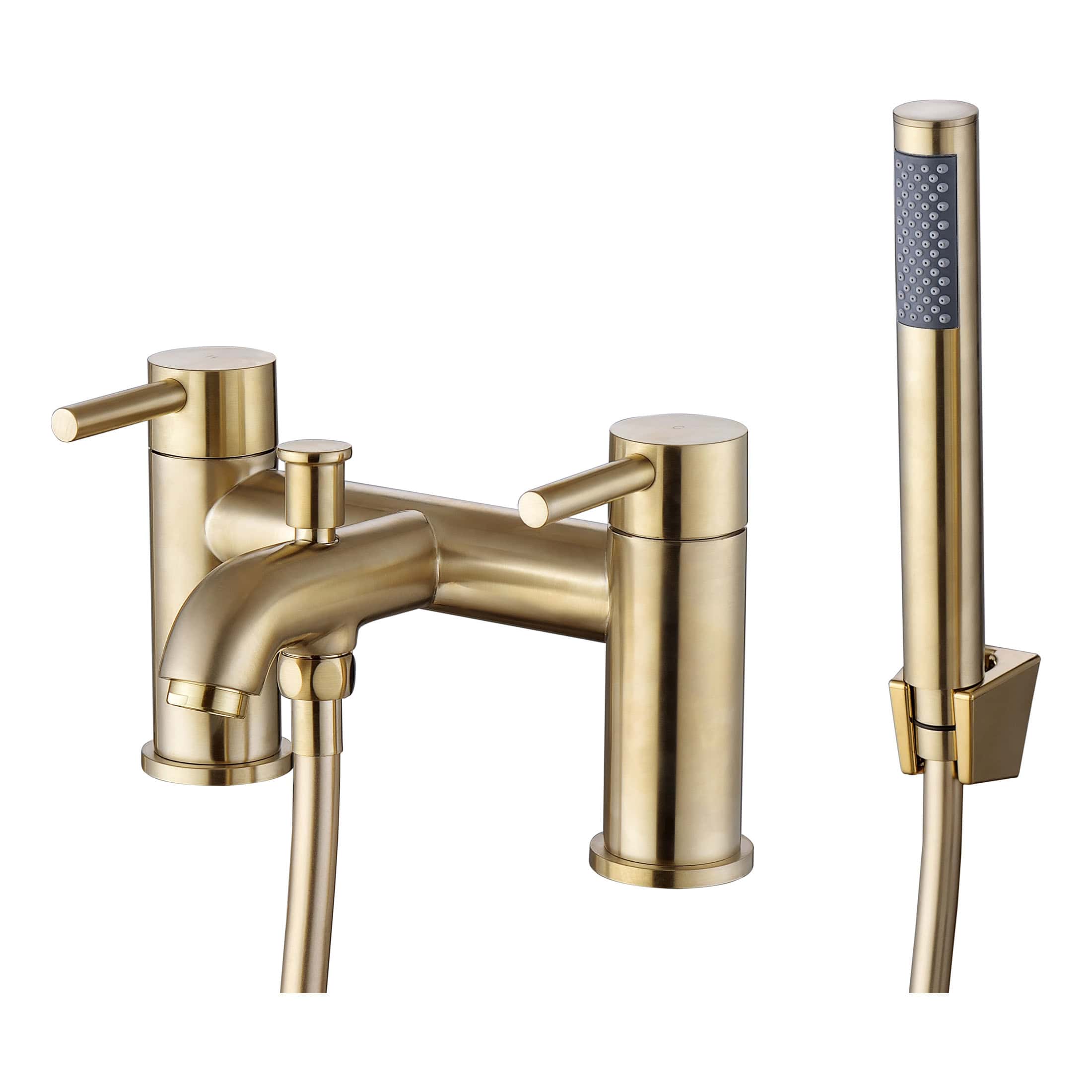 Luxurious gold bathroom sink mixer tap with matching hand shower for modern bathroom upgrade.