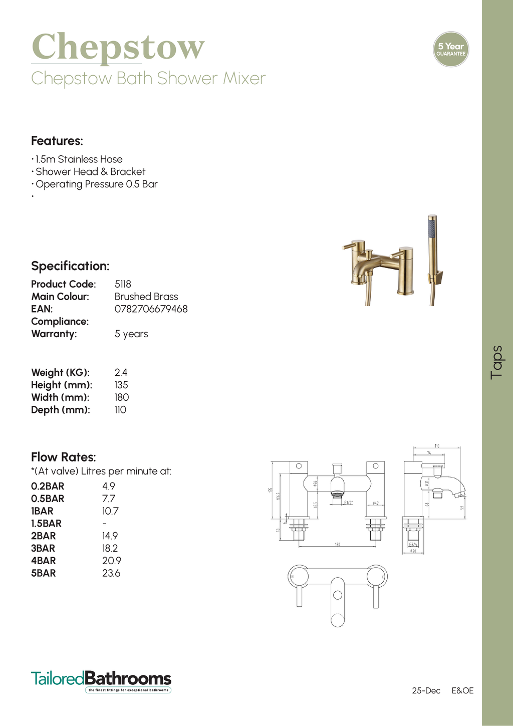 Tailored Chepstow Bath Shower Mixer Tap With Handset, Hose And Bracket - Brushed Brass - specification sheet with technical drawing and dimensions