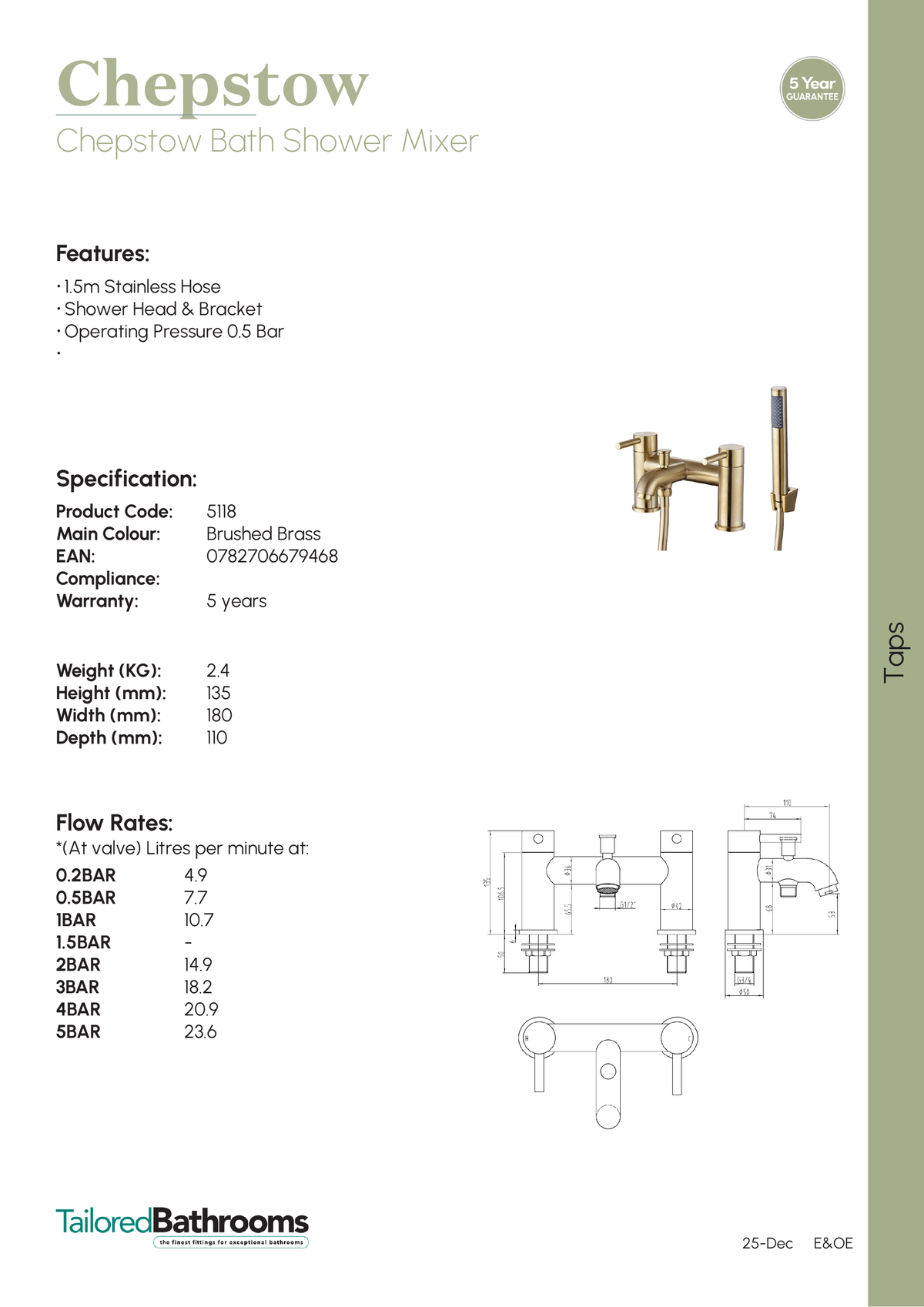 Tailored Chepstow Bath Shower Mixer Tap With Handset, Hose And Bracket - Brushed Brass - specification sheet with technical drawing and dimensions