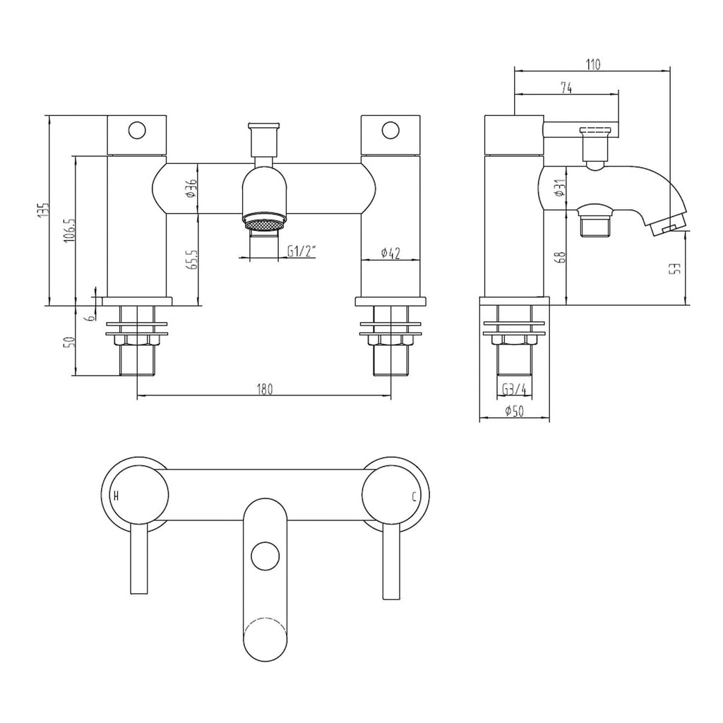 High-quality bathroom tap technical drawing with precise dimensions, ideal for bathroom renovation and plumbing installation. Perfect for plumbers and designers working on bathroom fixtures.